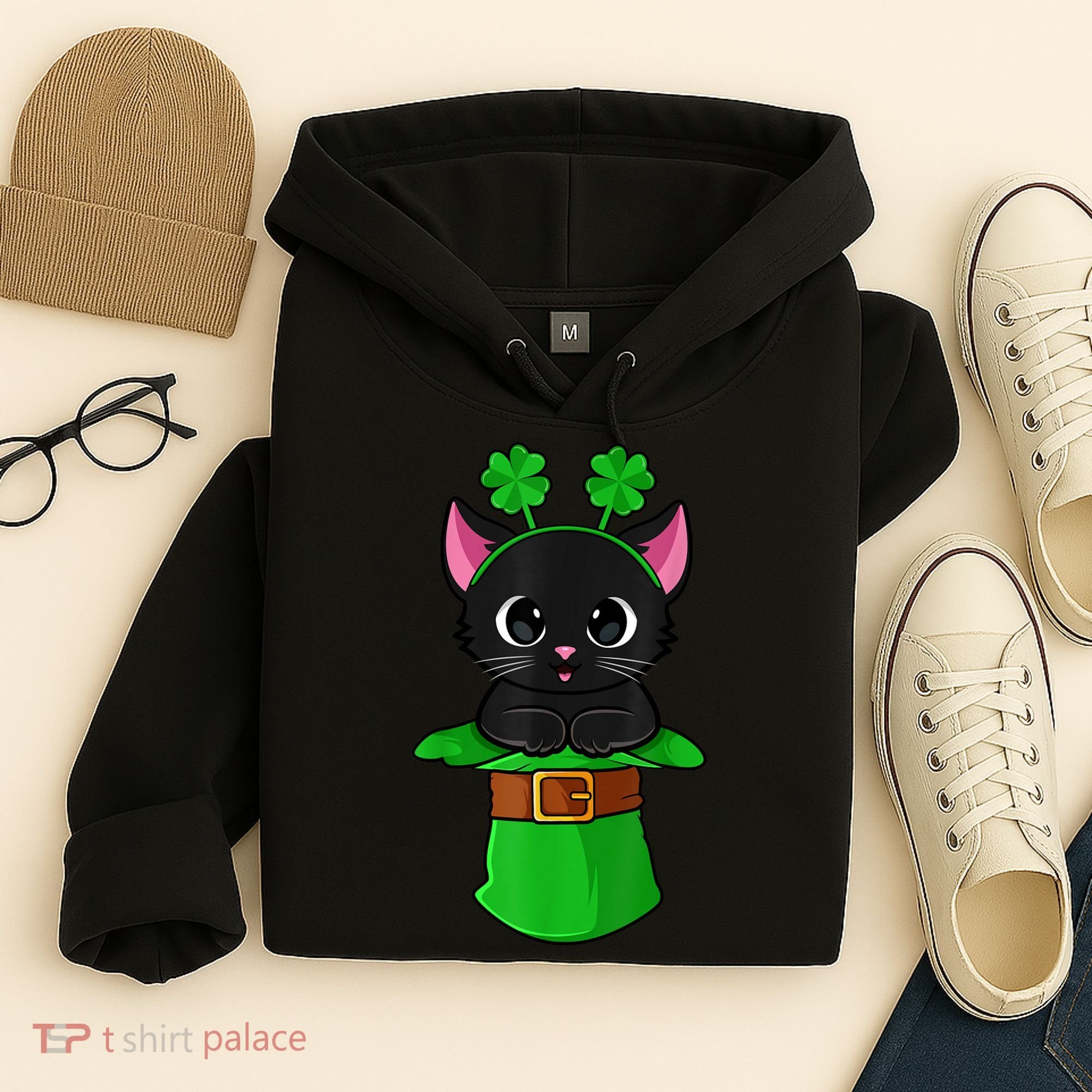 Cat St Patricks Day Leprechaun Shamrock Kitten Girls Boys Hoodie
