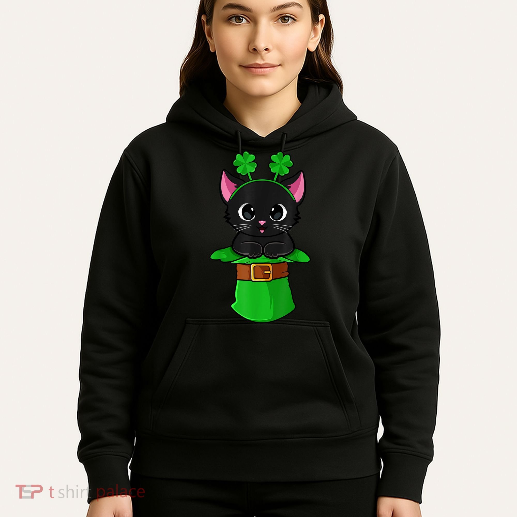 Cat St Patricks Day Leprechaun Shamrock Kitten Girls Boys Hoodie