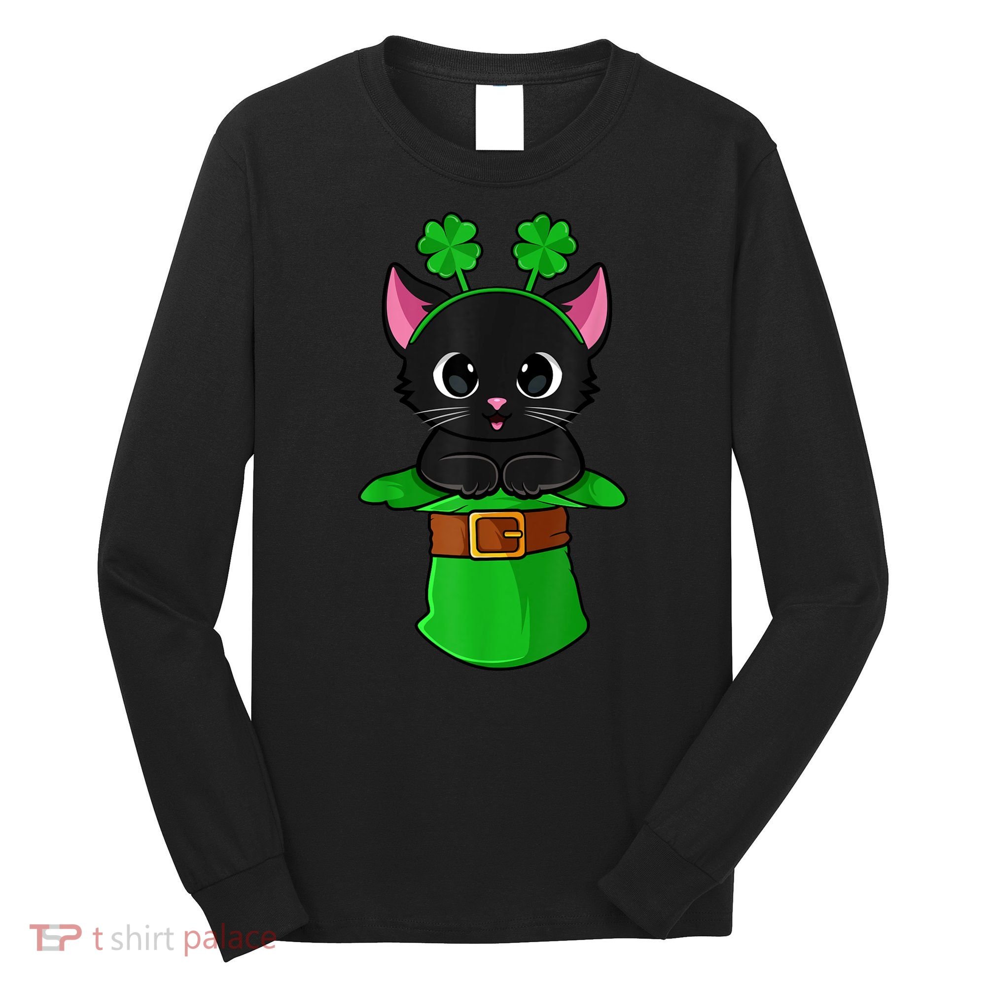 Cat St Patricks Day Leprechaun Shamrock Kitten Girls Boys Long Sleeve Shirt