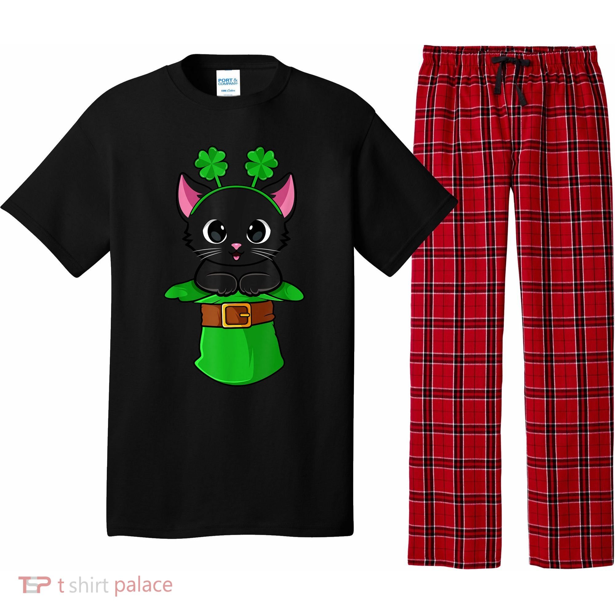 Cat St Patricks Day Leprechaun Shamrock Kitten Girls Boys Pajama Set