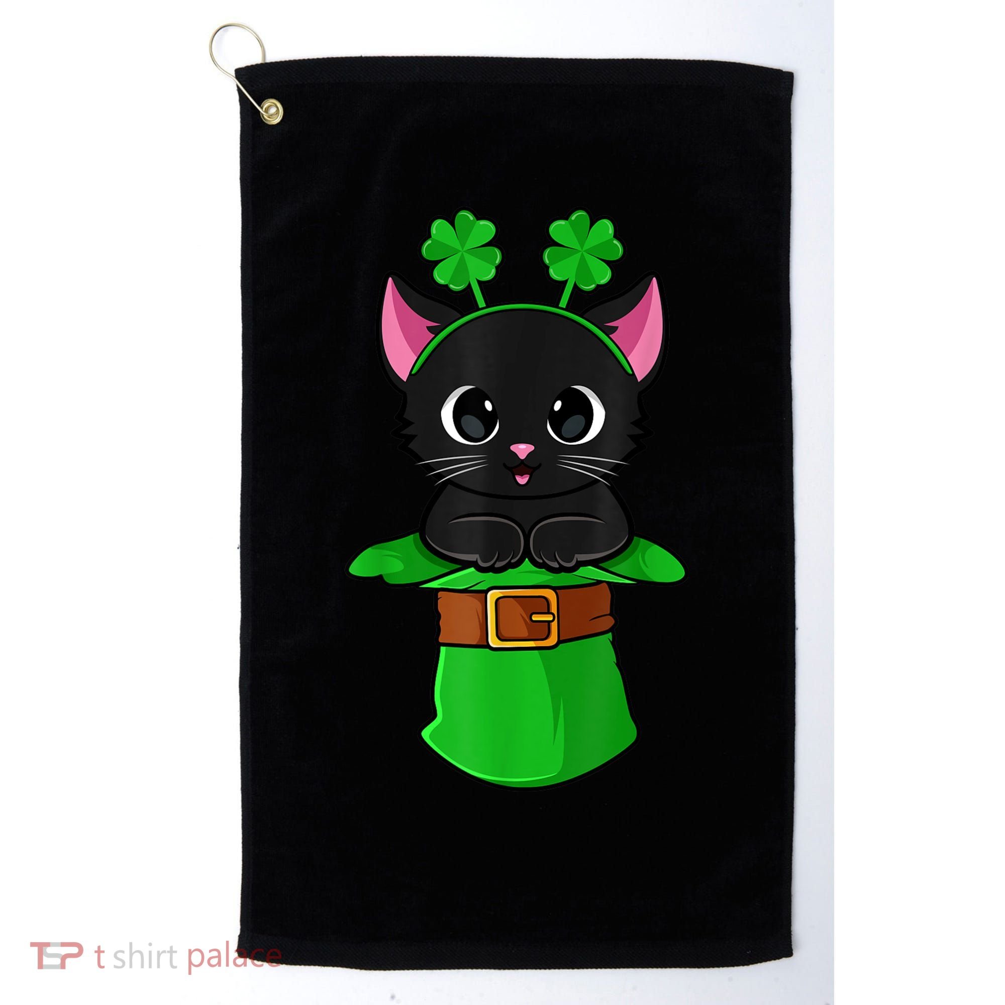 Cat St Patricks Day Leprechaun Shamrock Kitten Girls Boys Golf Towel