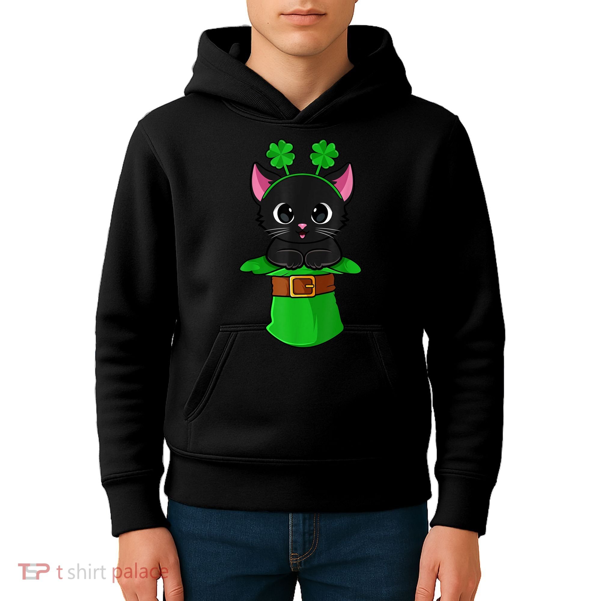 Cat St Patricks Day Leprechaun Shamrock Kitten Girls Boys Kids Hoodie