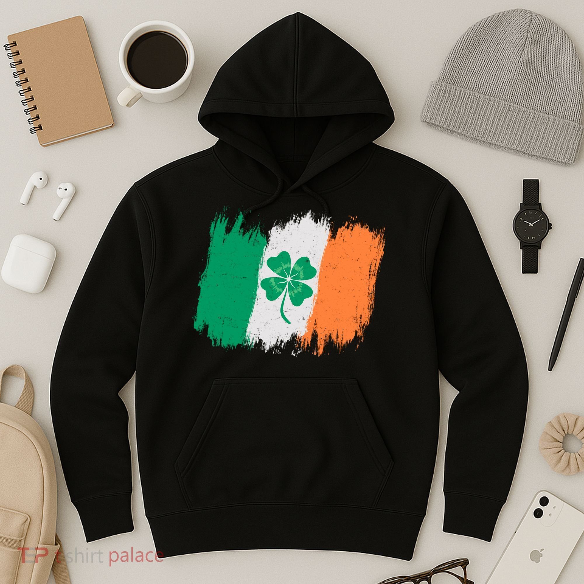 Cool St Patrick's Day Painted Distressed Irish Shamrock Flag Hoodie