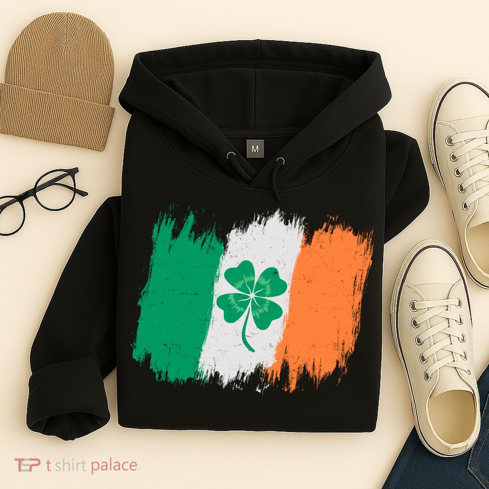 Cool St Patrick's Day Painted Distressed Irish Shamrock Flag Hoodie