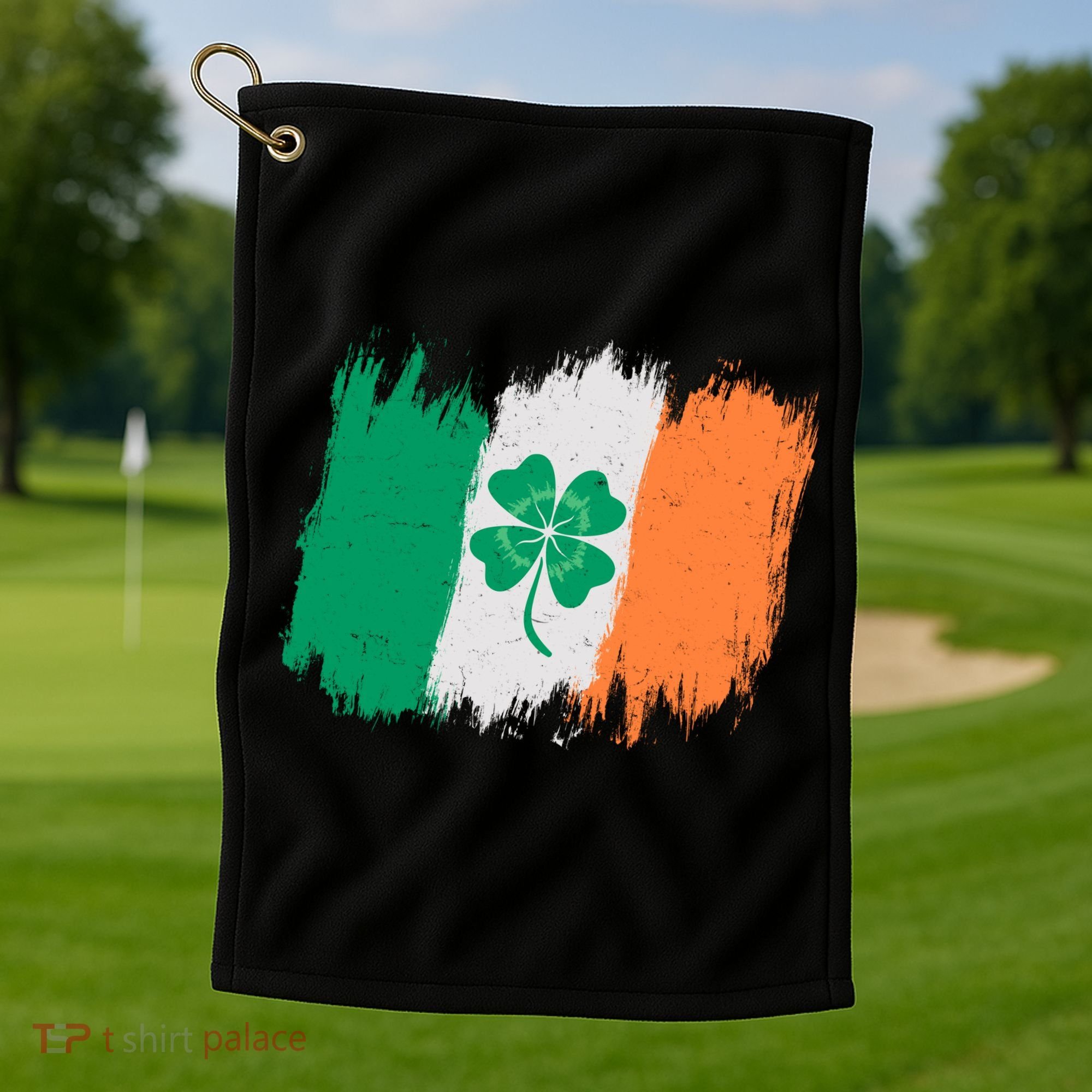 Cool St Patrick's Day Painted Distressed Irish Shamrock Flag Golf Towel