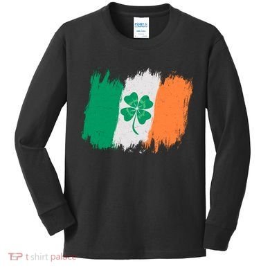 Cool St Patrick's Day Painted Distressed Irish Shamrock Flag Kids Long Sleeve Shirt
