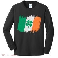 Cool St Patrick's Day Painted Distressed Irish Shamrock Flag Kids Long Sleeve Shirt thumb 0