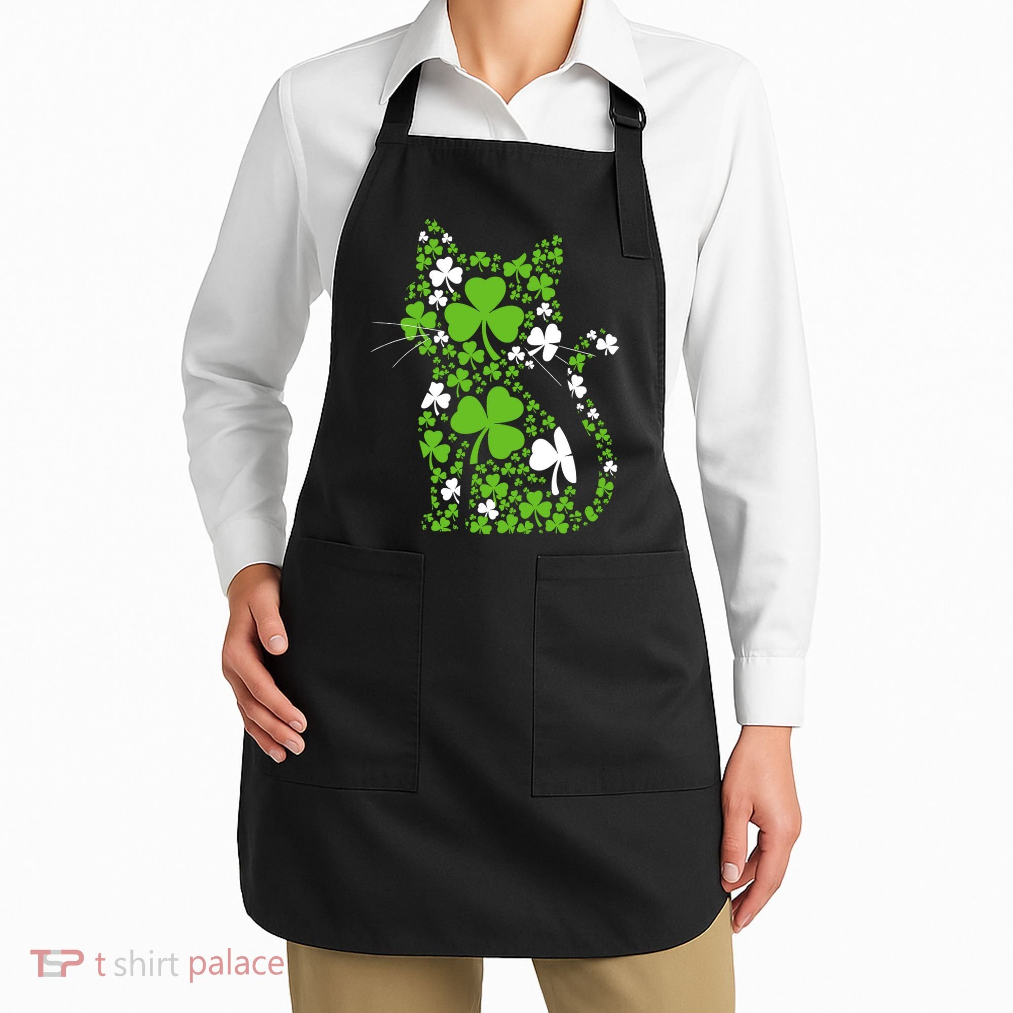 Cute St Patrick's Day Shamrock Clover Cat Apron