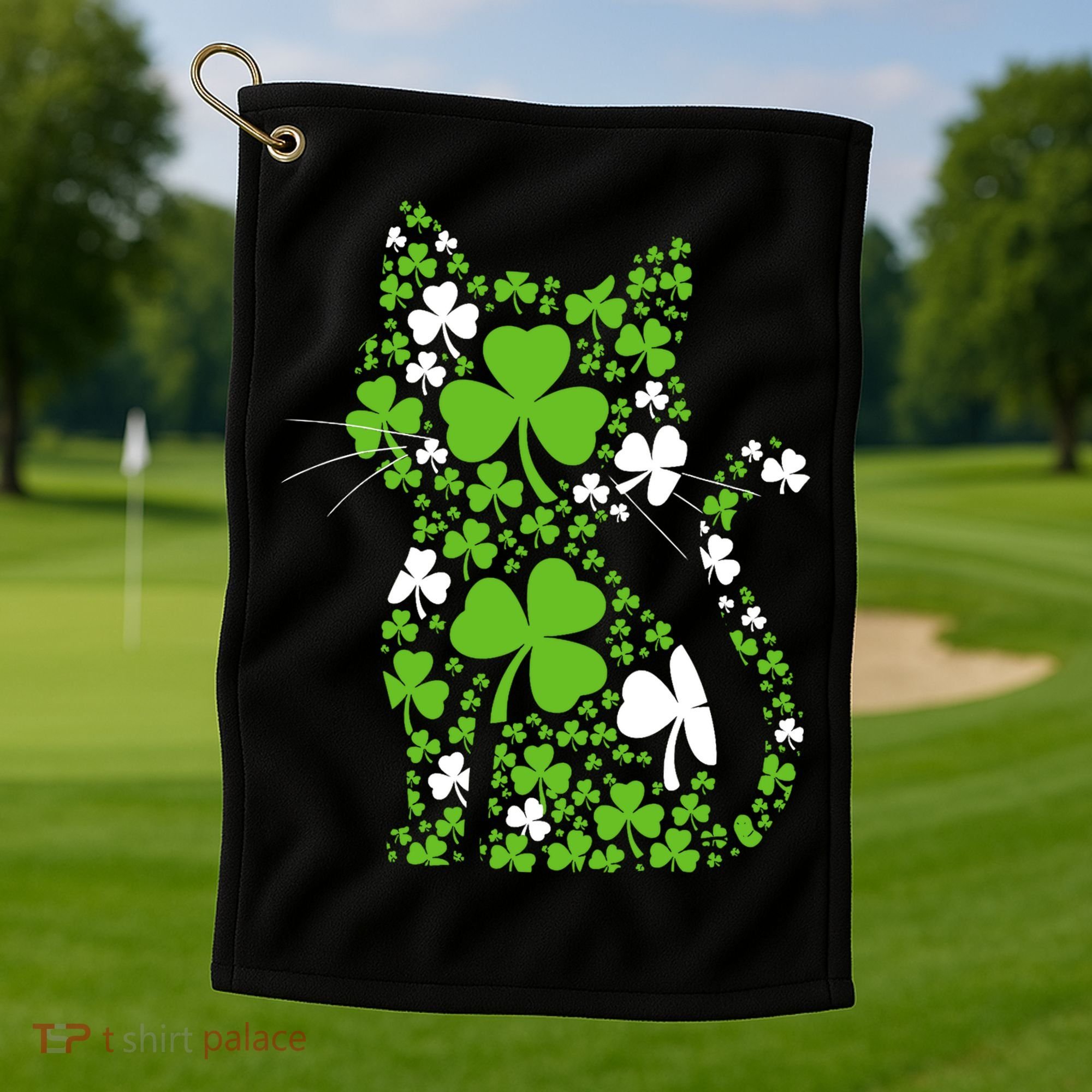 Cute St Patrick's Day Shamrock Clover Cat Golf Towel