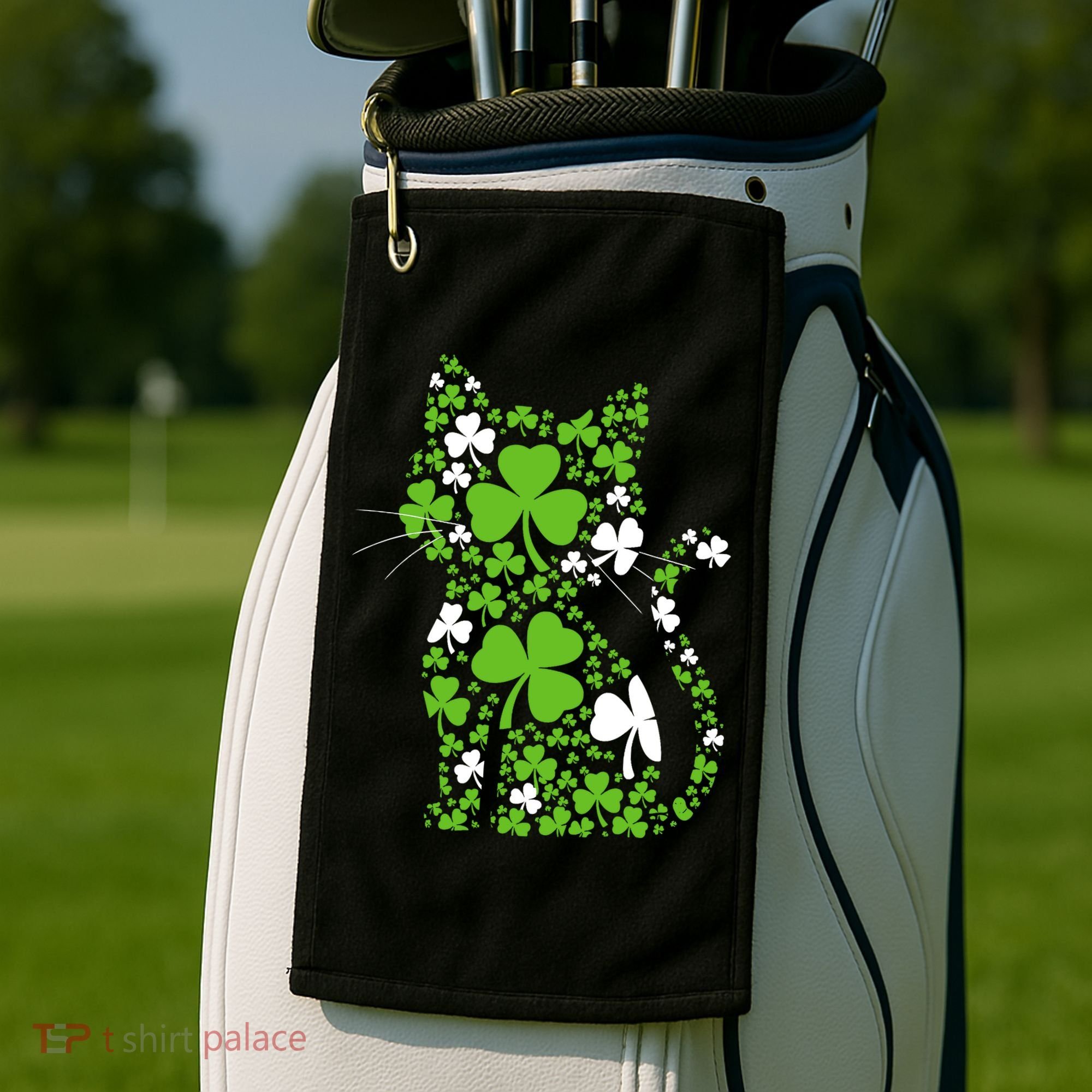 Cute St Patrick's Day Shamrock Clover Cat Golf Towel