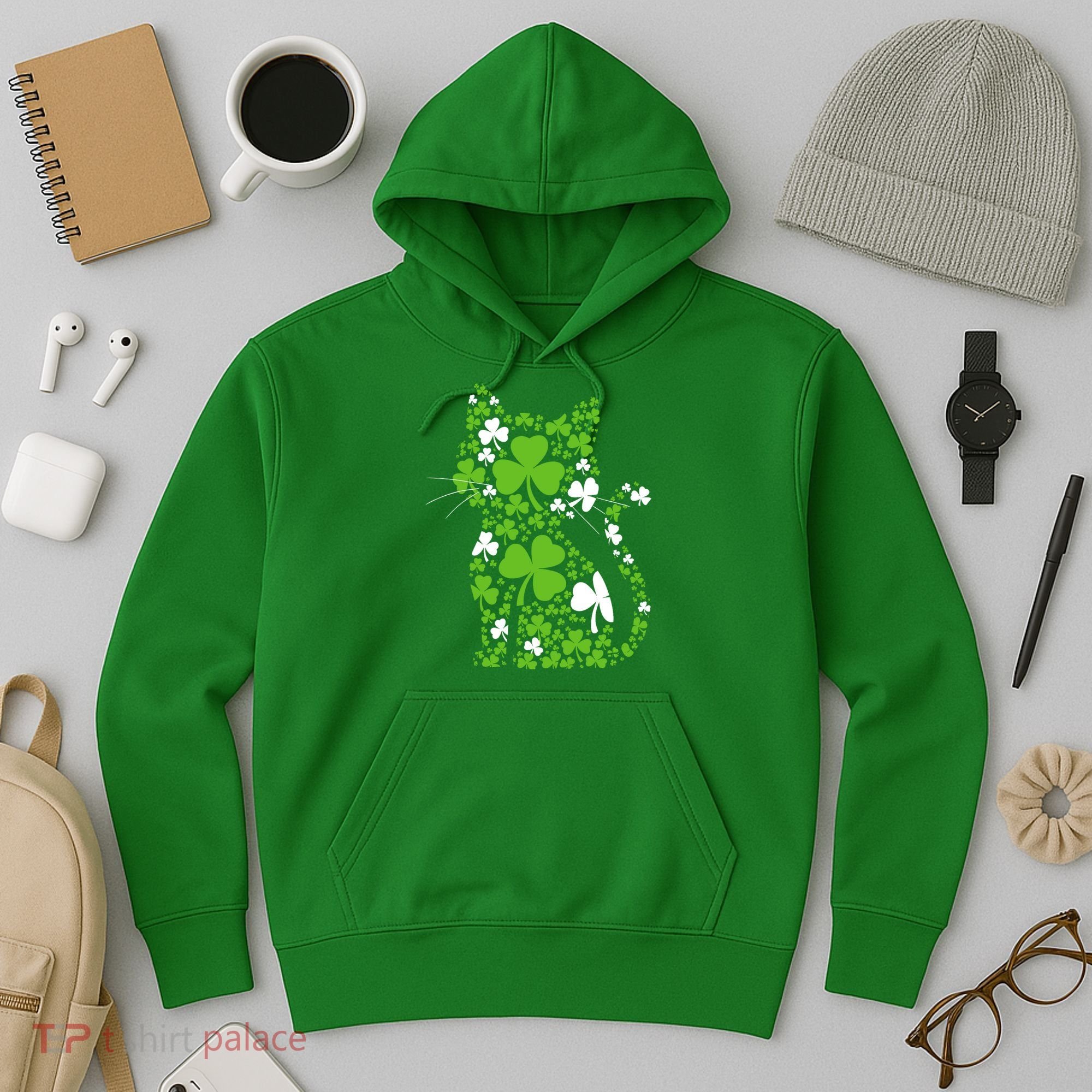Cute St Patrick's Day Shamrock Clover Cat Hoodie