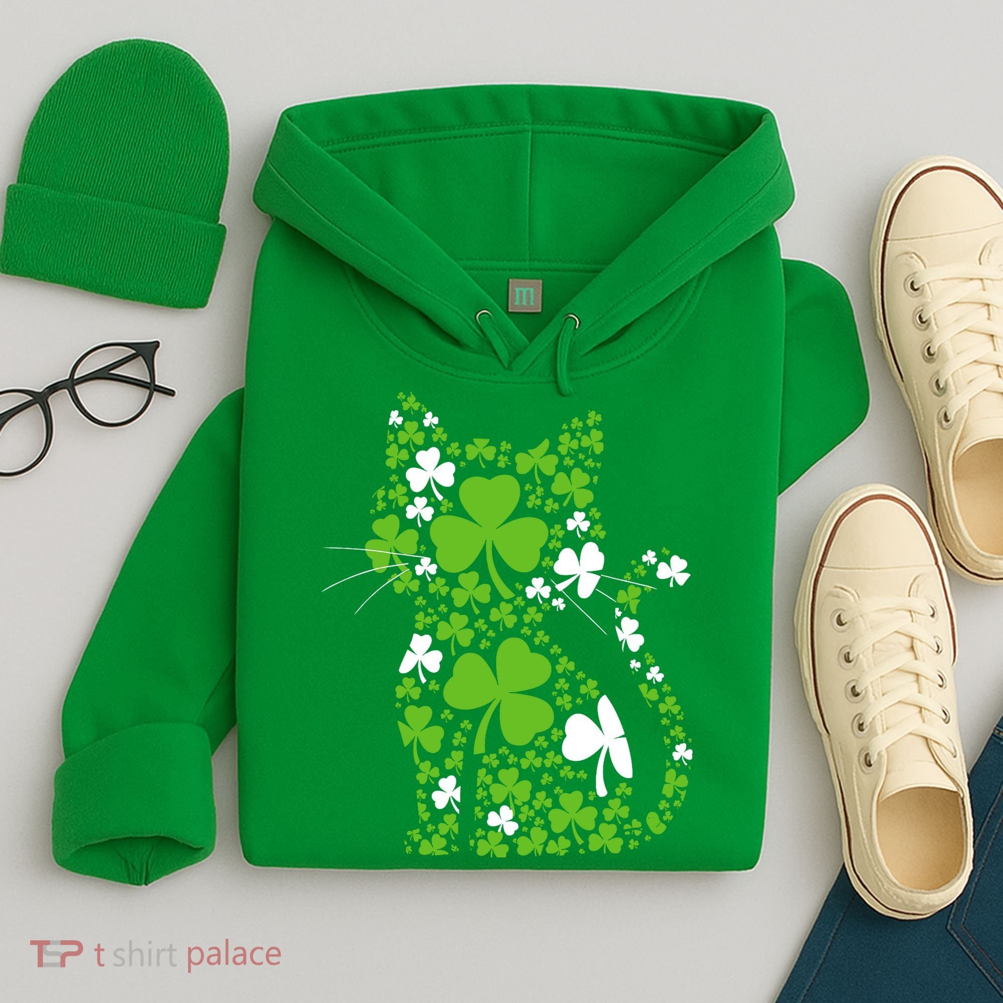 Cute St Patrick's Day Shamrock Clover Cat Hoodie