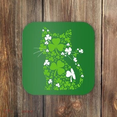Cute St Patrick's Day Shamrock Clover Cat Coaster