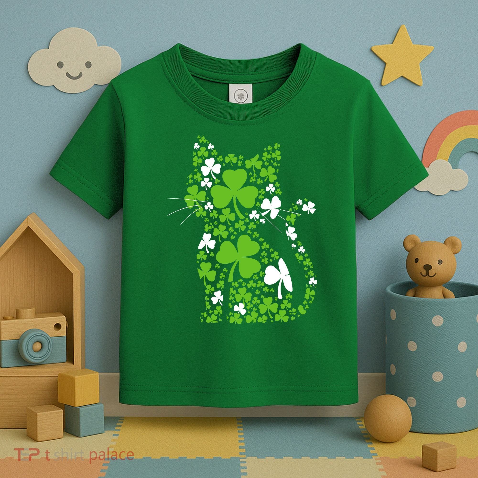 Cute St Patrick's Day Shamrock Clover Cat Toddler T-Shirt