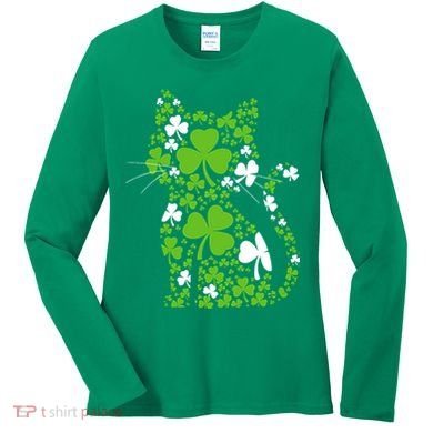 Cute St Patrick's Day Shamrock Clover Cat Women's Long Sleeve Shirt