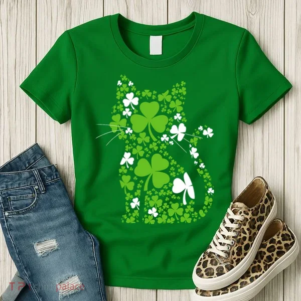 Cute St Patrick's Day Shamrock Clover Cat Women's T-Shirt