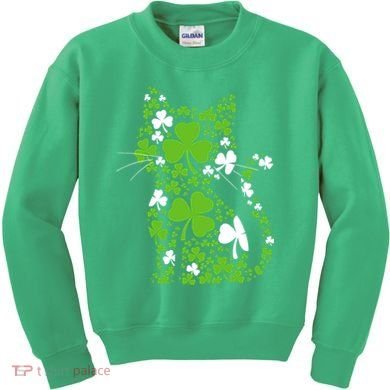 Cute St Patrick's Day Shamrock Clover Cat Kids Sweatshirt