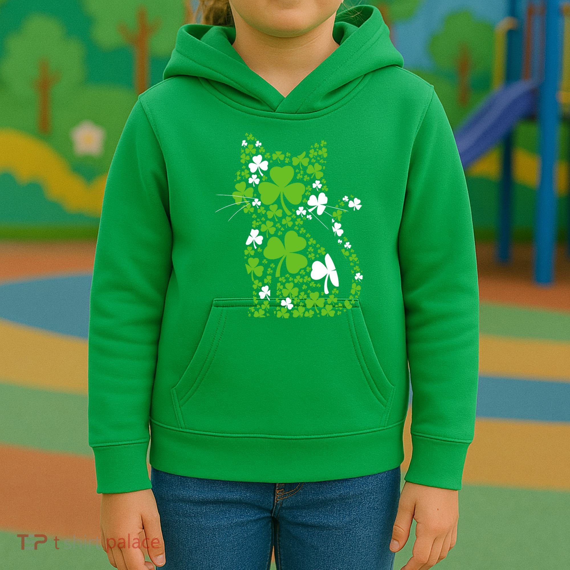 Cute St Patrick's Day Shamrock Clover Cat Kids Hoodie
