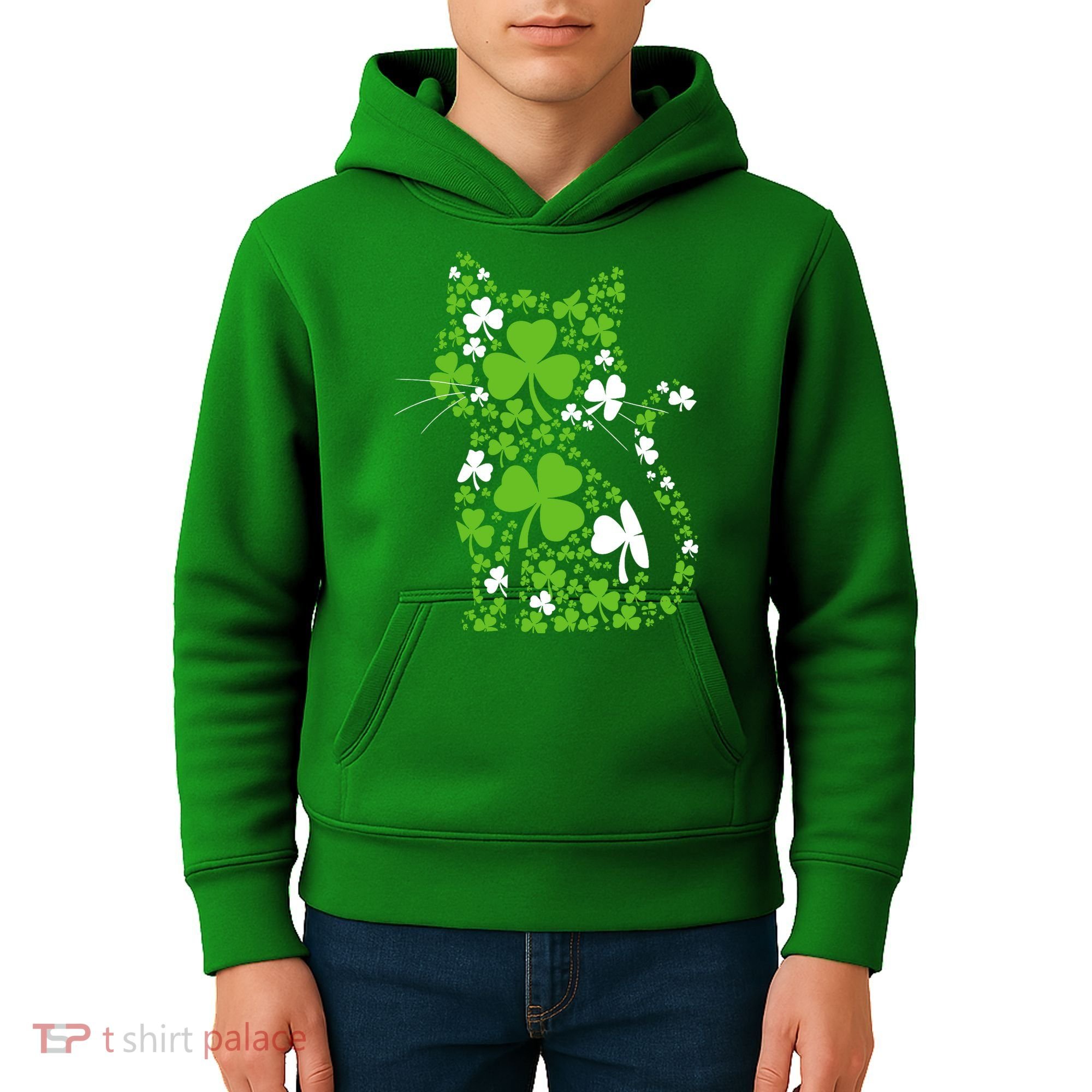 Cute St Patrick's Day Shamrock Clover Cat Kids Hoodie