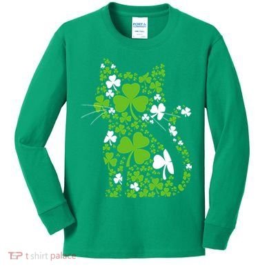 Cute St Patrick's Day Shamrock Clover Cat Kids Long Sleeve Shirt