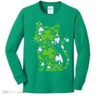 Cute St Patrick's Day Shamrock Clover Cat Kids Long Sleeve Shirt thumb 0