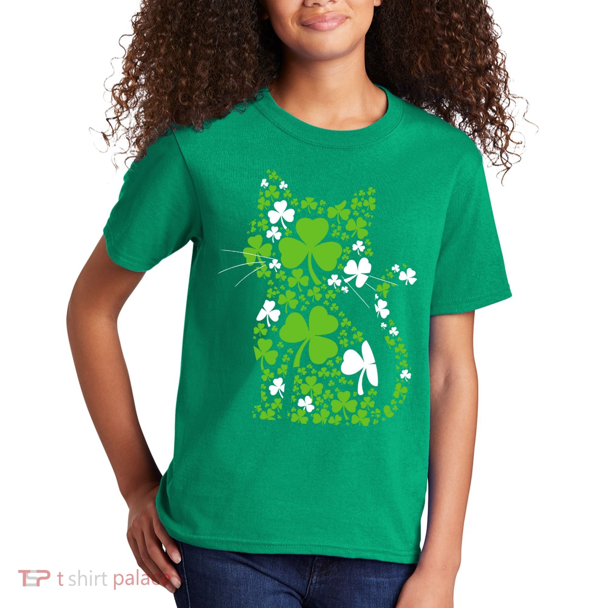 Cute St Patrick's Day Shamrock Clover Cat Kids T-Shirt