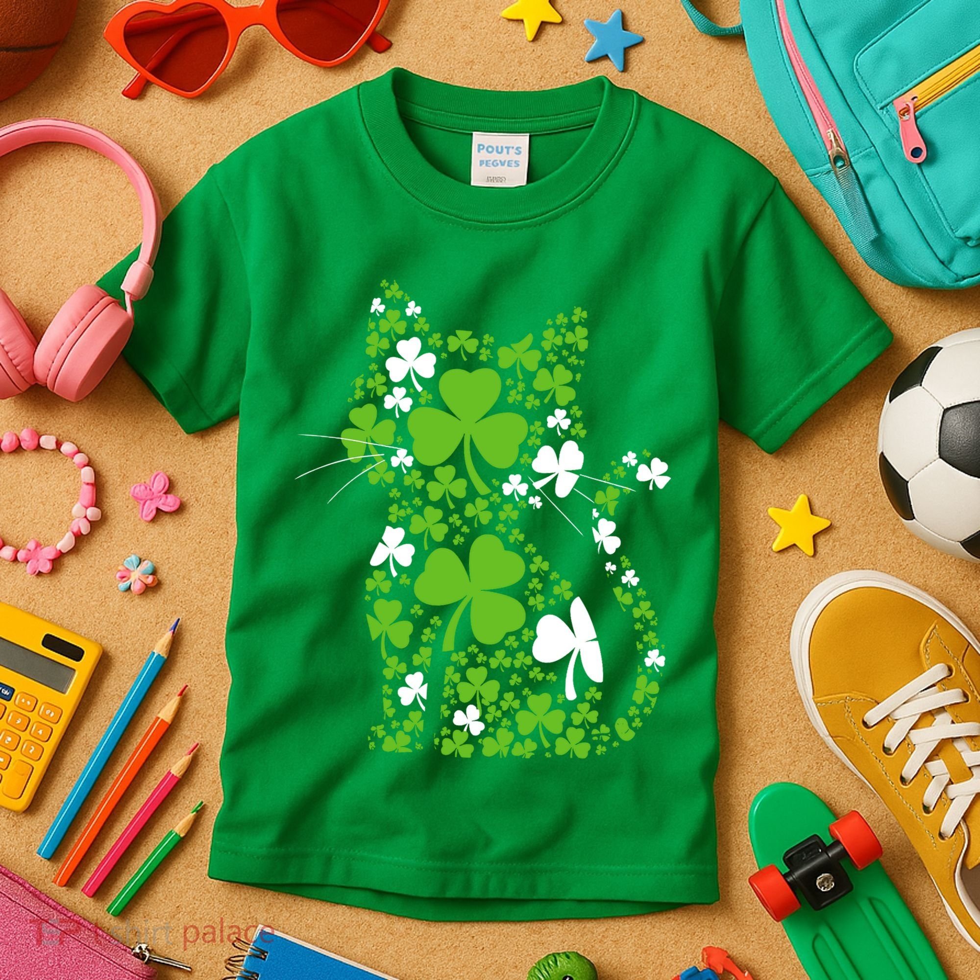 Cute St Patrick's Day Shamrock Clover Cat Kids T-Shirt