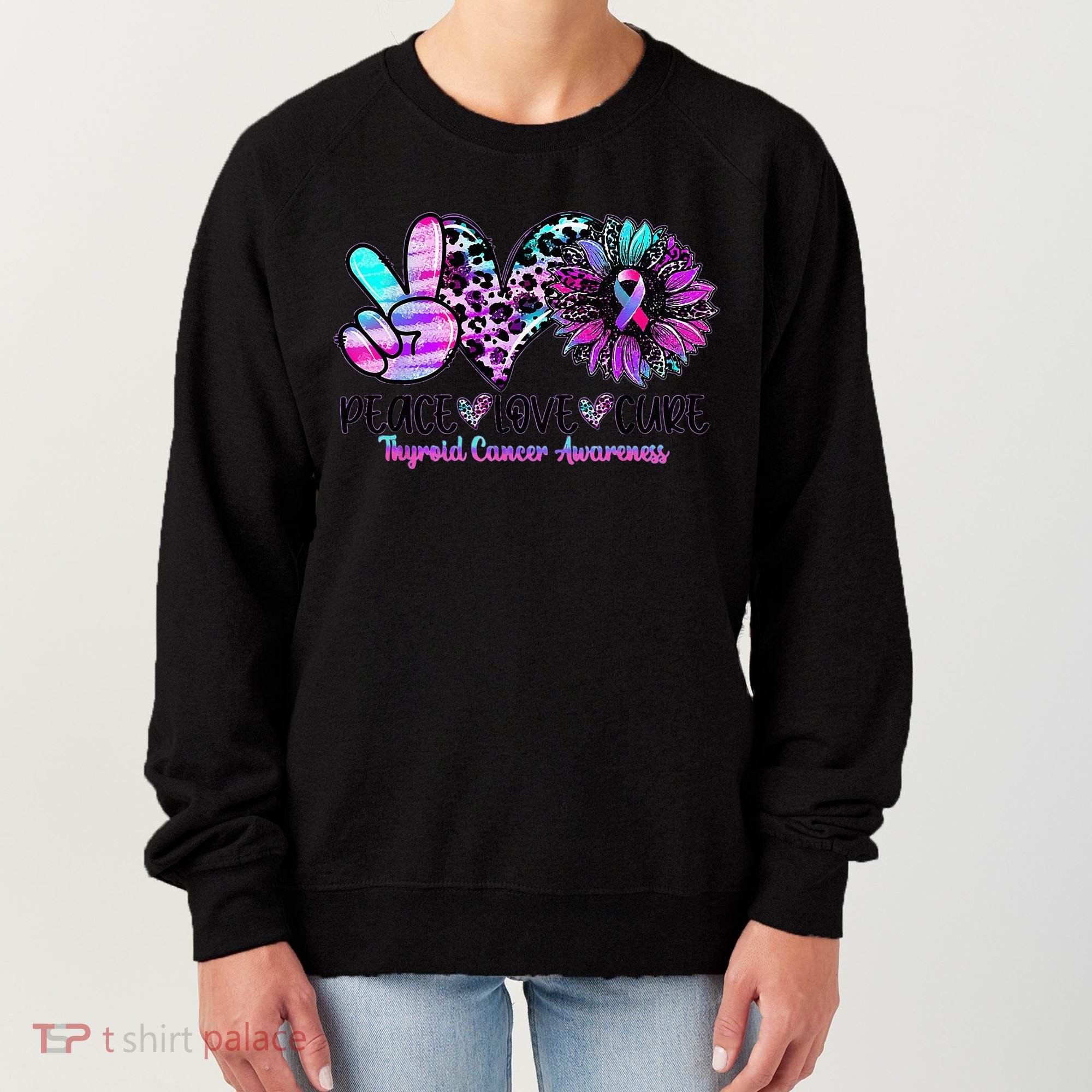 Cute Sunflower Purple Pink Ribbon Thyroid Cancer Awareness Women's Sweatshirt