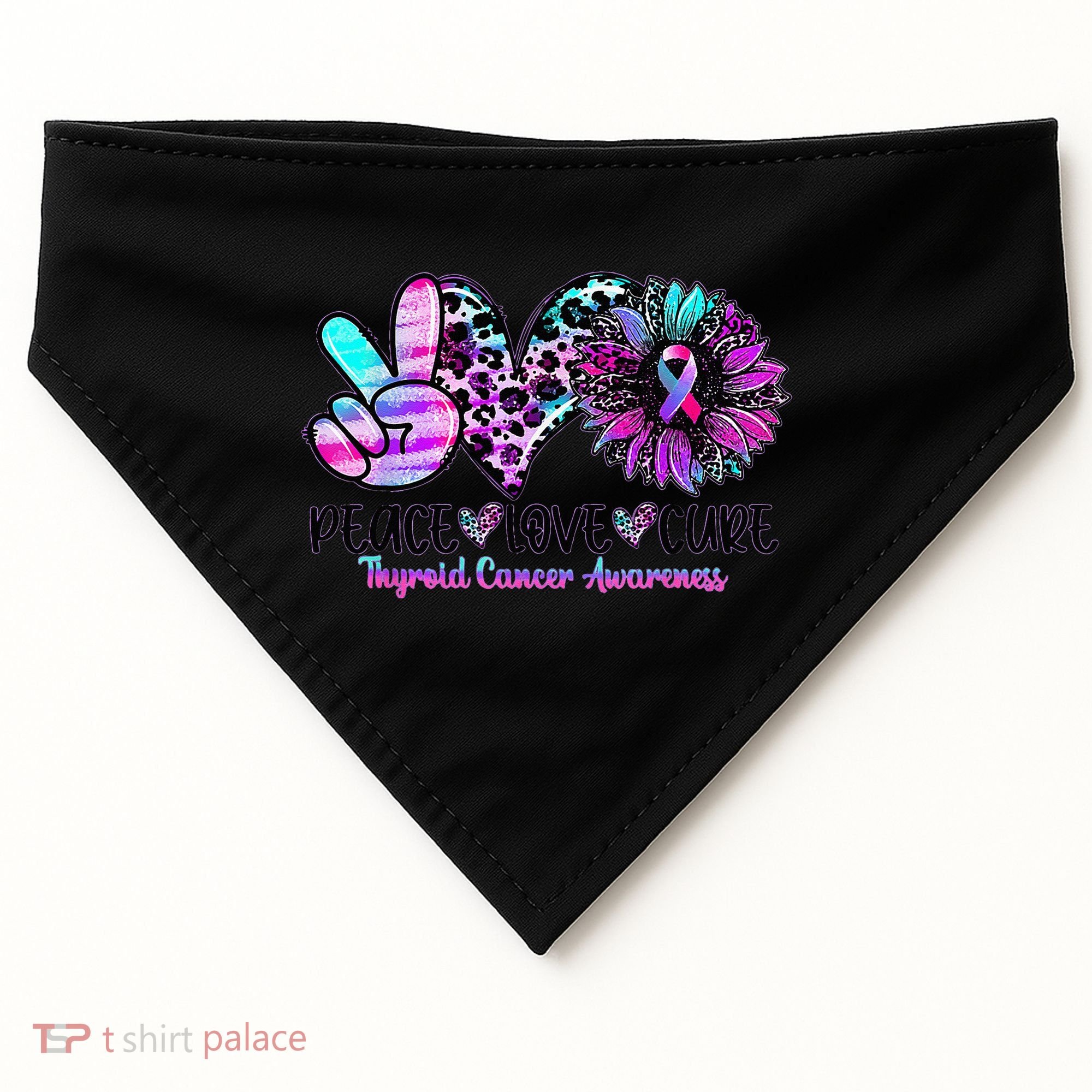 Cute Sunflower Purple Pink Ribbon Thyroid Cancer Awareness USA-Made Doggie Bandana