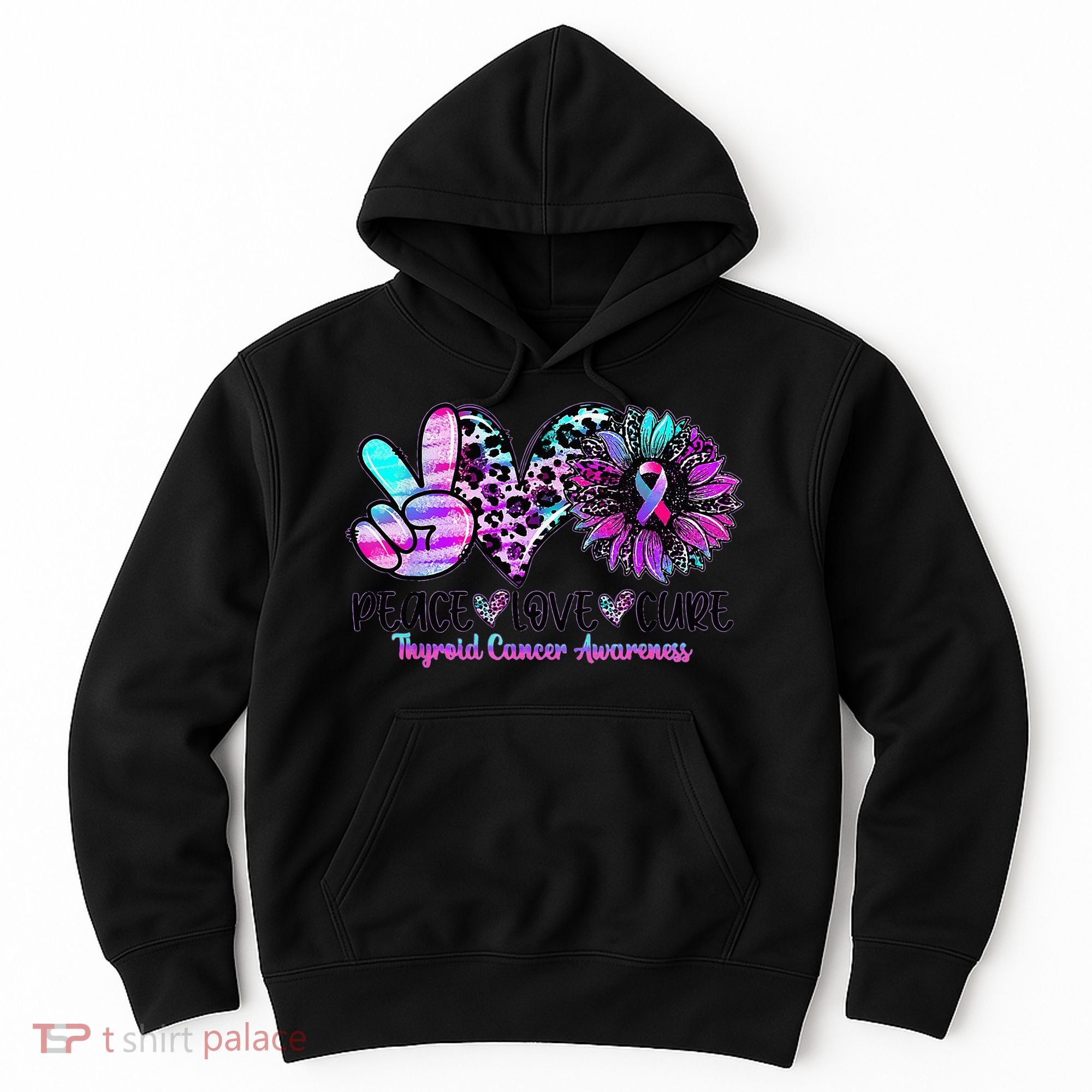 Cute Sunflower Purple Pink Ribbon Thyroid Cancer Awareness Hoodie