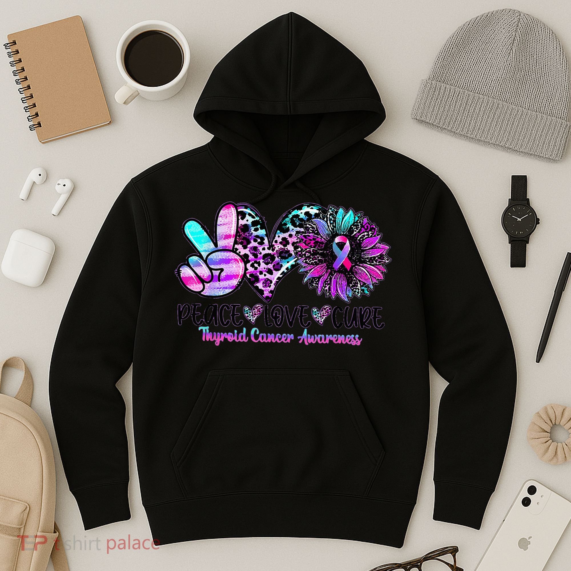 Cute Sunflower Purple Pink Ribbon Thyroid Cancer Awareness Hoodie