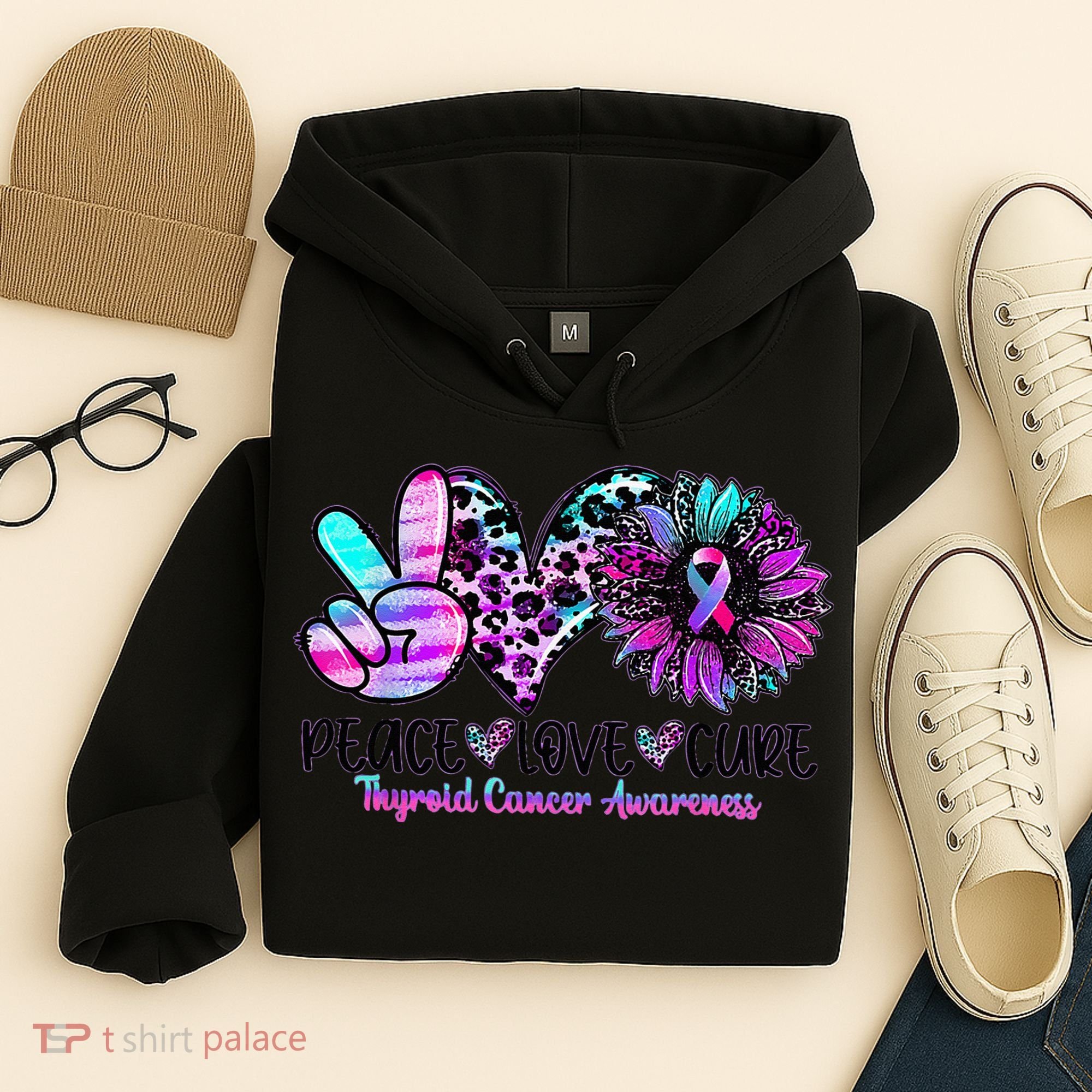 Cute Sunflower Purple Pink Ribbon Thyroid Cancer Awareness Hoodie