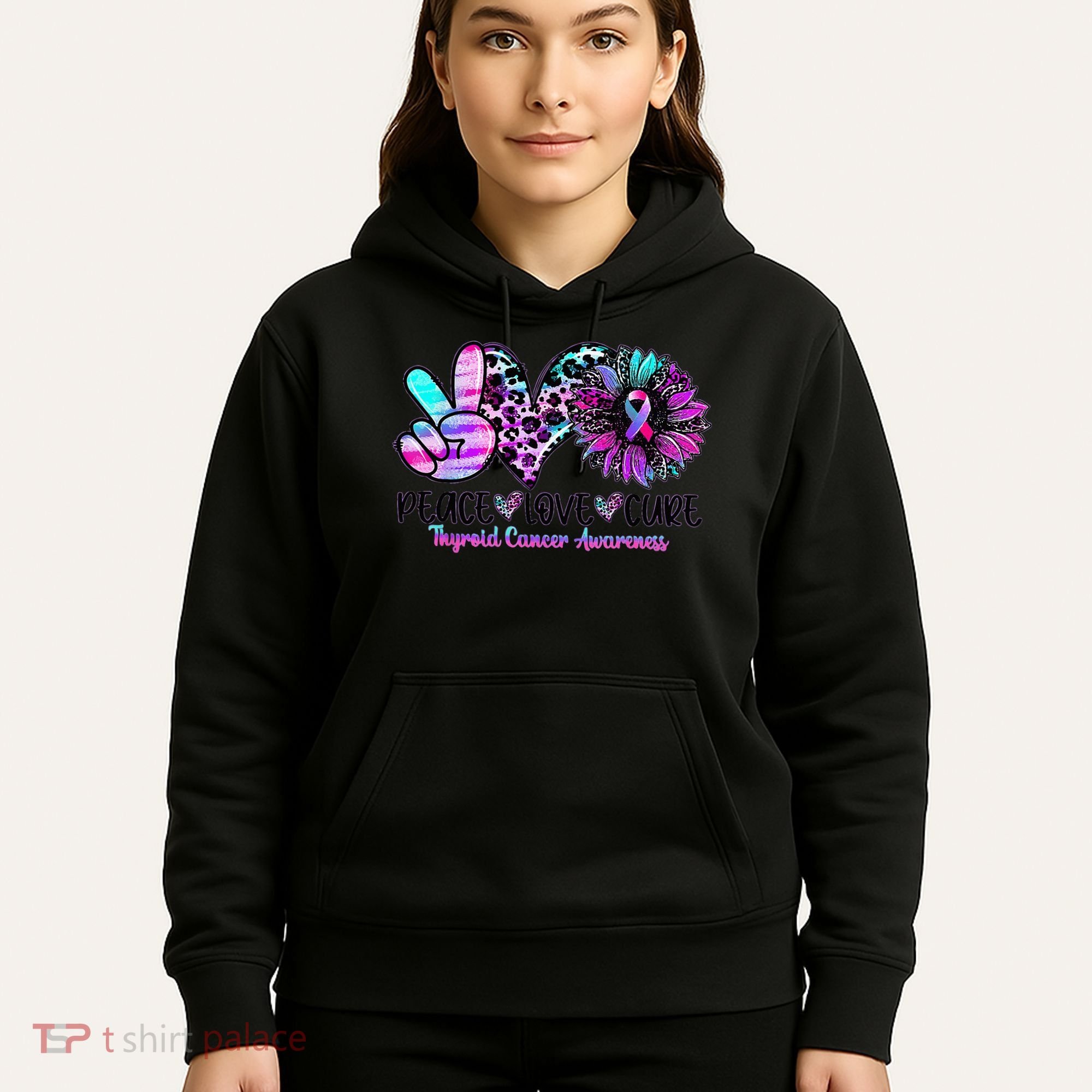 Cute Sunflower Purple Pink Ribbon Thyroid Cancer Awareness Hoodie