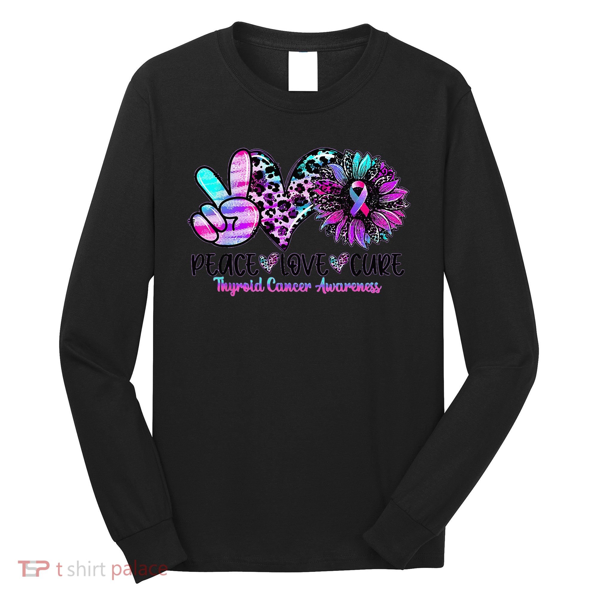 Cute Sunflower Purple Pink Ribbon Thyroid Cancer Awareness Long Sleeve Shirt