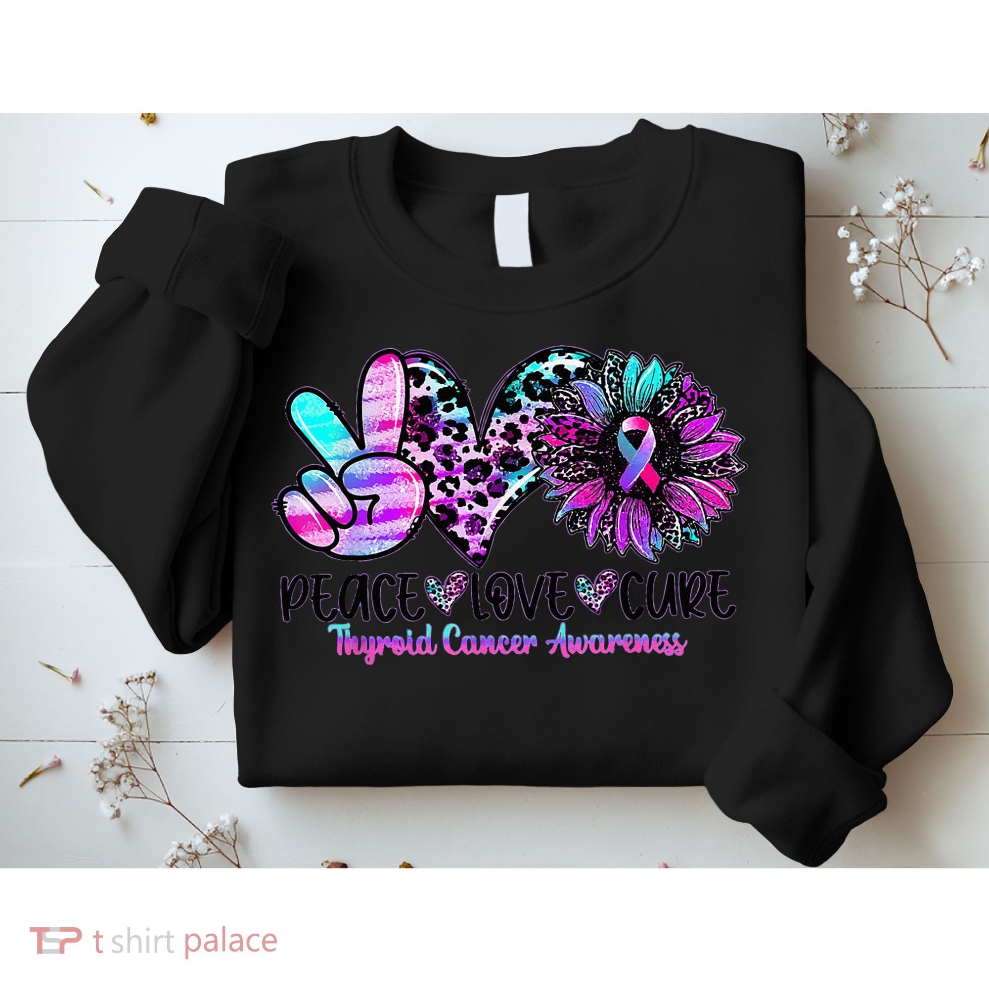 Cute Sunflower Purple Pink Ribbon Thyroid Cancer Awareness Sweatshirt