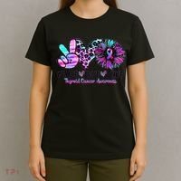 Cute Sunflower Purple Pink Ribbon Thyroid Cancer Awareness T-Shirt thumb 4