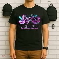 Cute Sunflower Purple Pink Ribbon Thyroid Cancer Awareness T-Shirt thumb 6