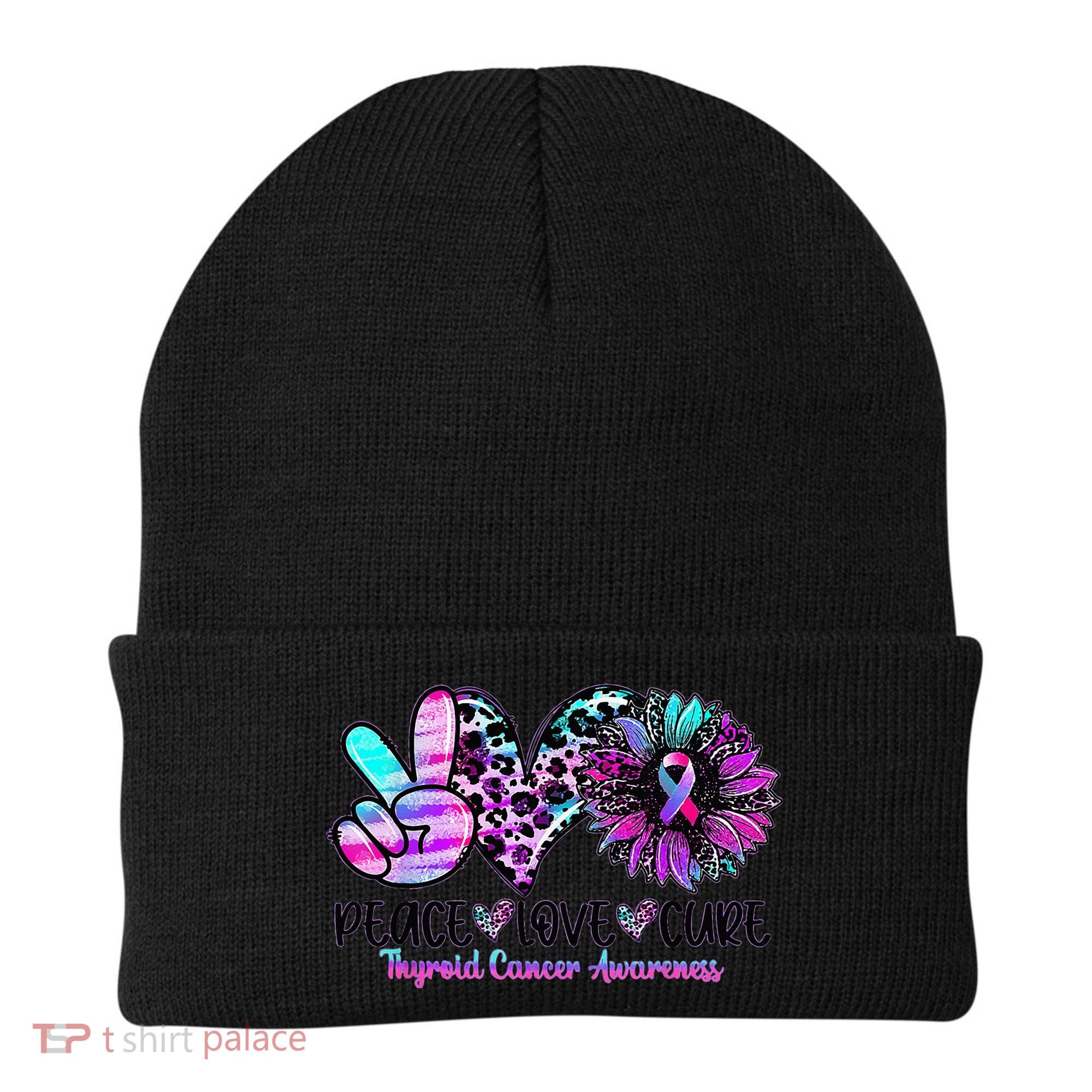 Cute Sunflower Purple Pink Ribbon Thyroid Cancer Awareness Beanie