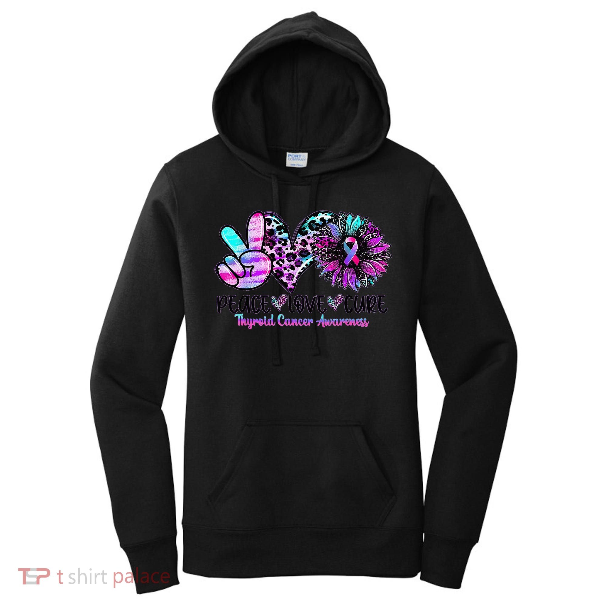 Cute Sunflower Purple Pink Ribbon Thyroid Cancer Awareness Women's Hoodie