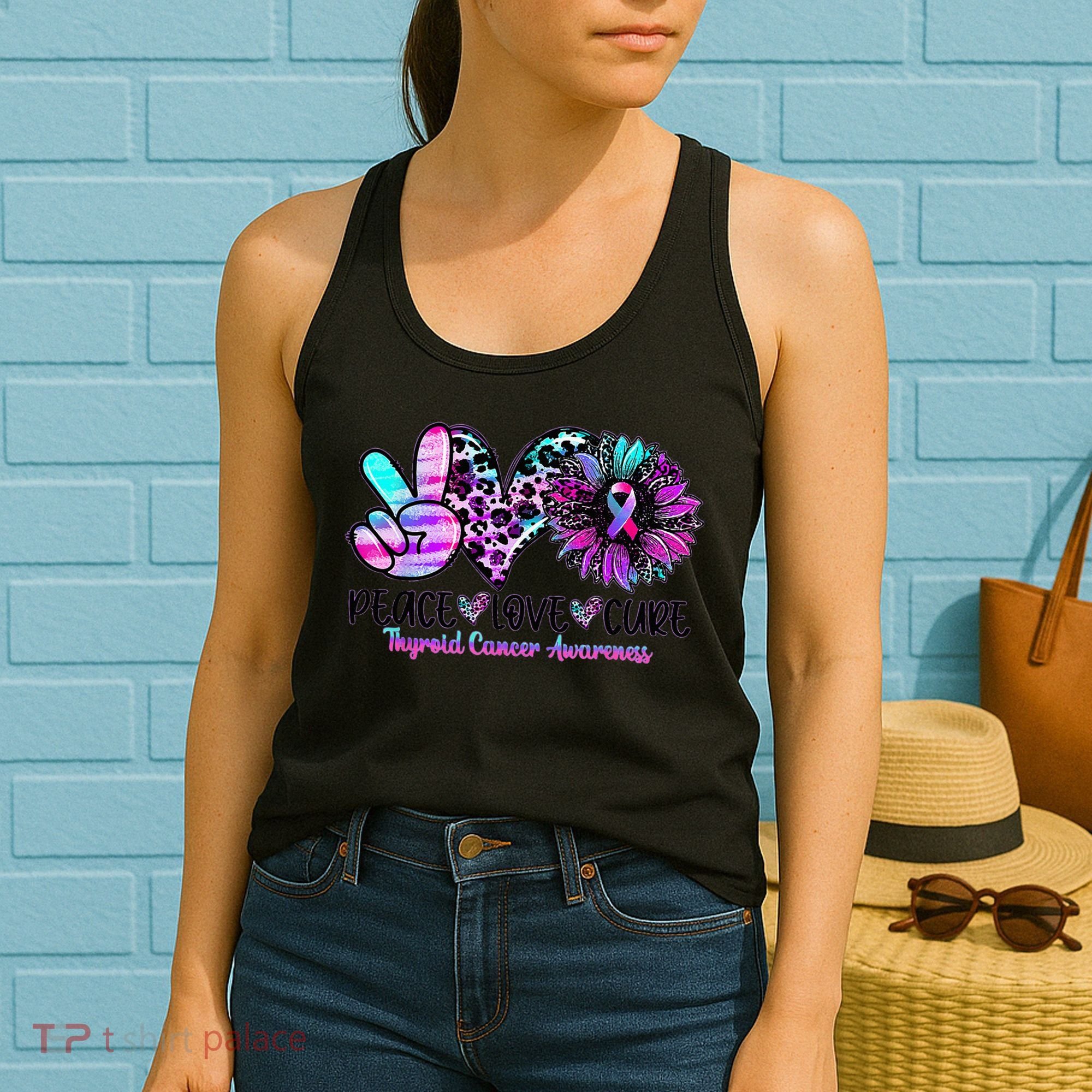 Cute Sunflower Purple Pink Ribbon Thyroid Cancer Awareness Women's Tank Top