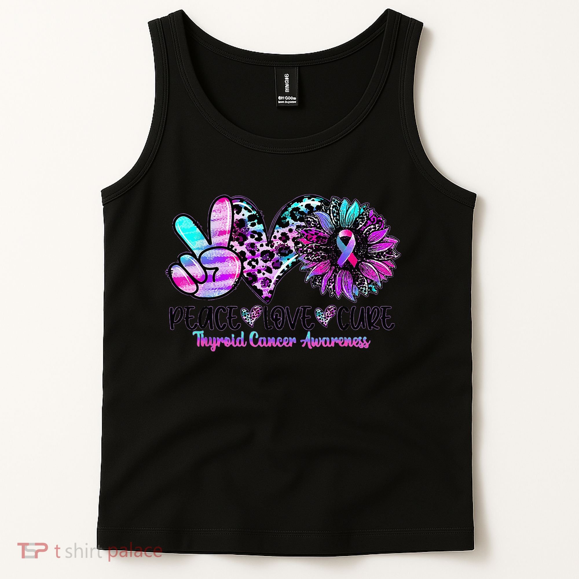 Cute Sunflower Purple Pink Ribbon Thyroid Cancer Awareness Tank Top
