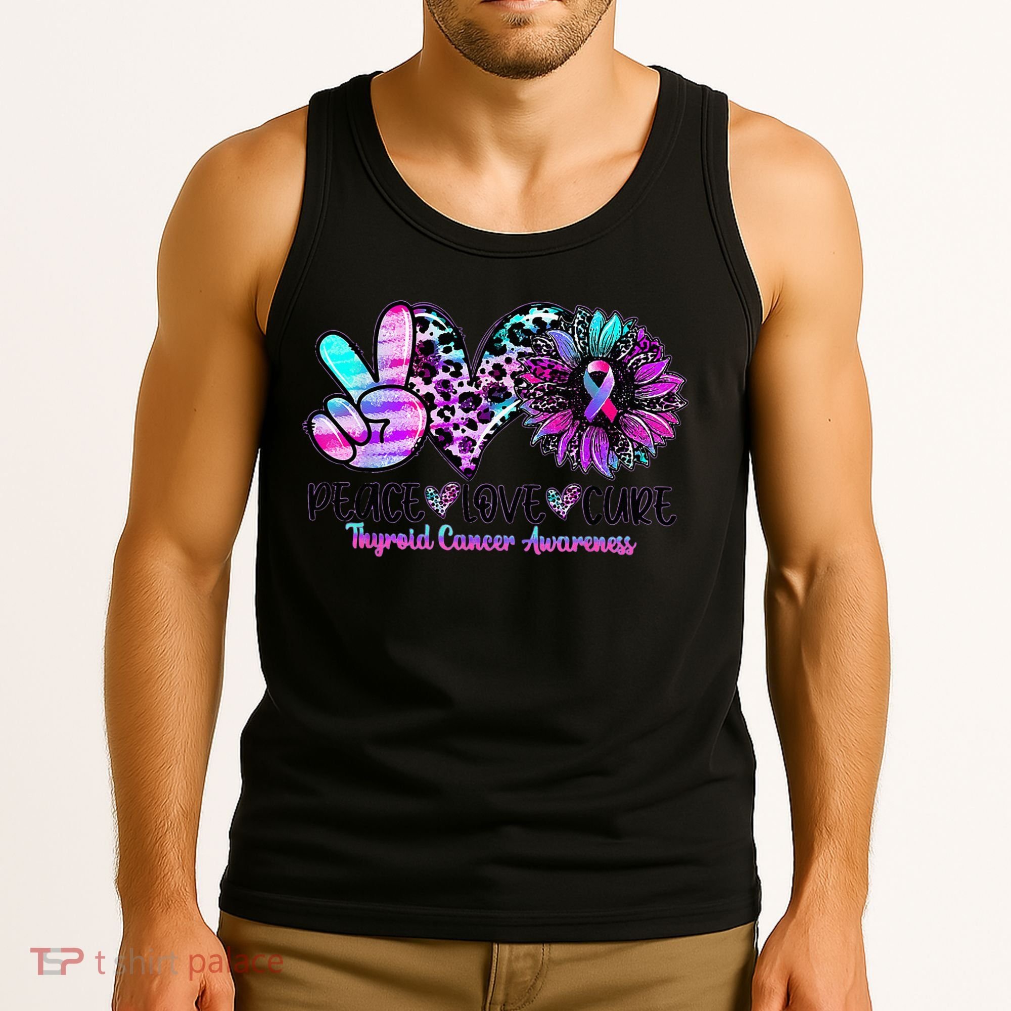 Cute Sunflower Purple Pink Ribbon Thyroid Cancer Awareness Tank Top
