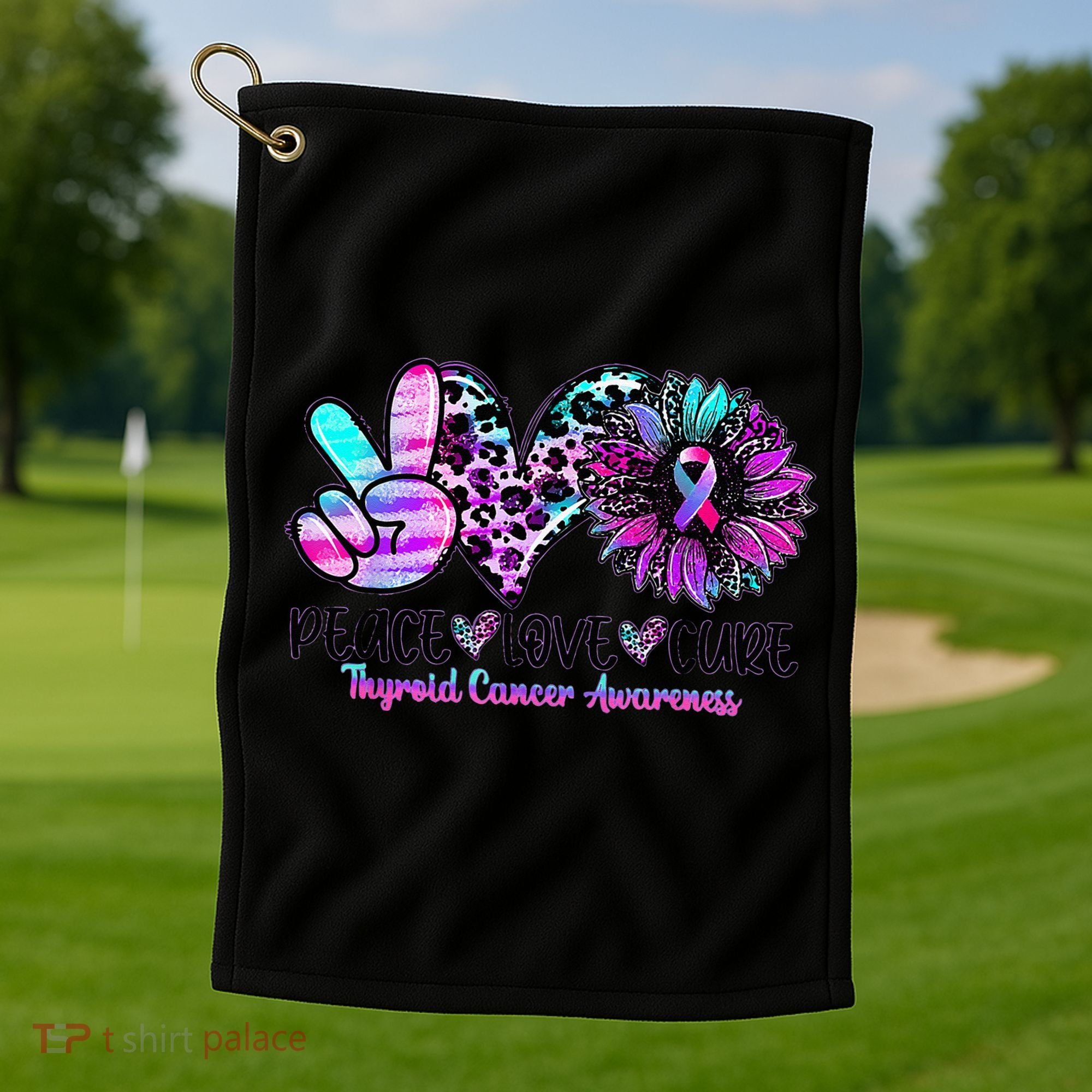 Cute Sunflower Purple Pink Ribbon Thyroid Cancer Awareness Golf Towel