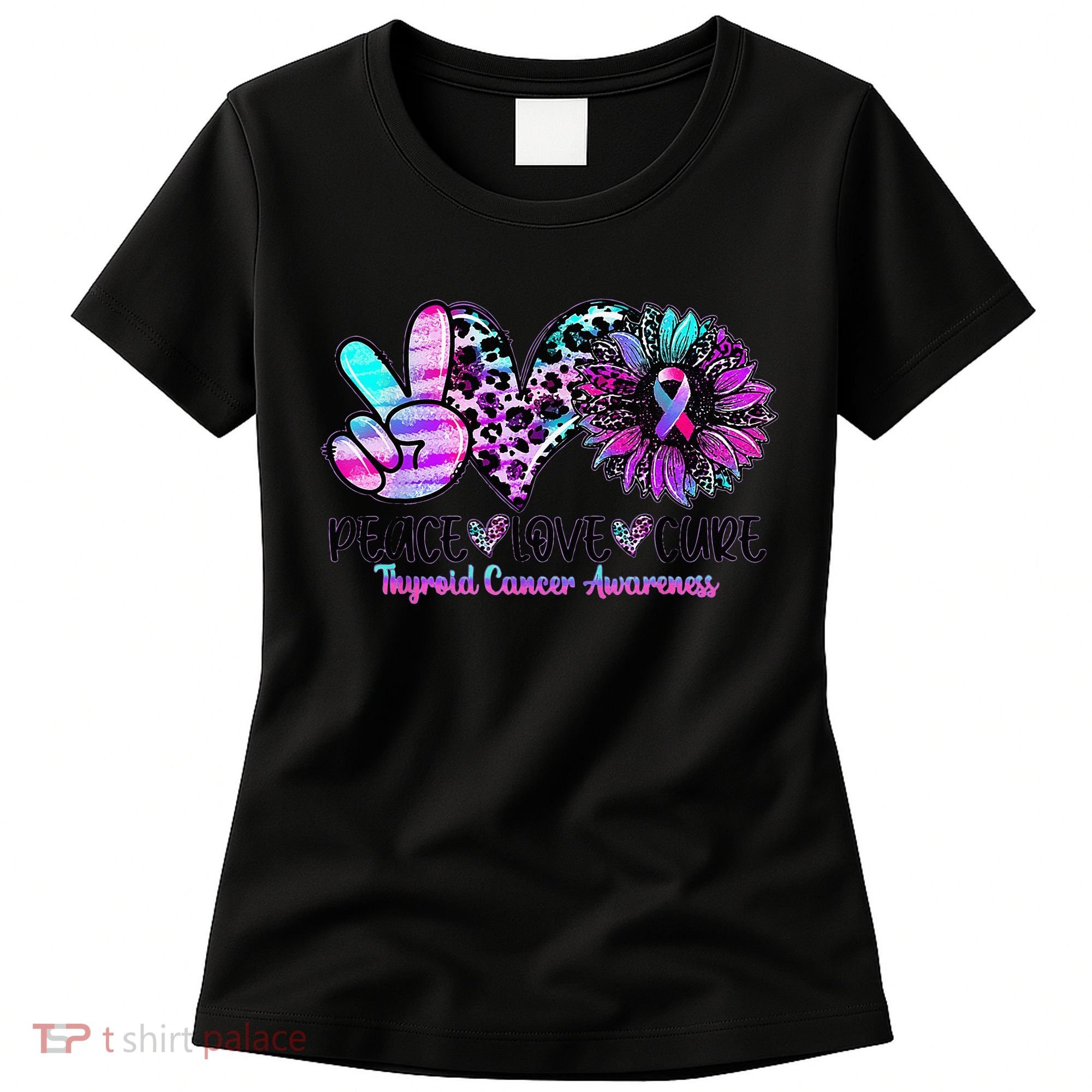 Cute Sunflower Purple Pink Ribbon Thyroid Cancer Awareness Women's T-Shirt
