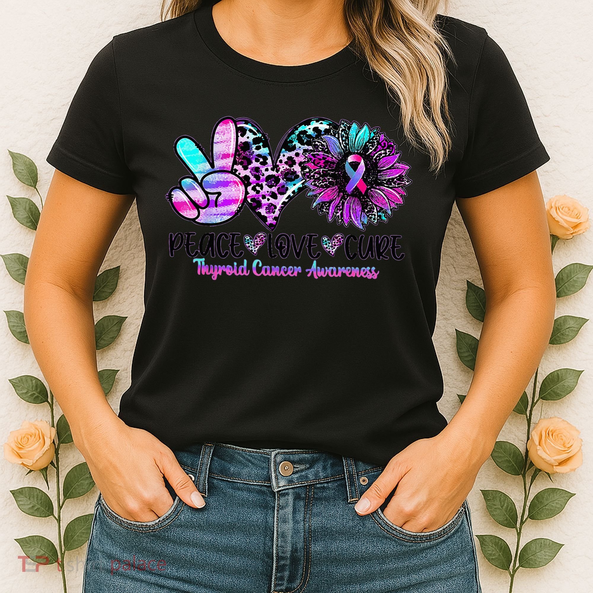 Cute Sunflower Purple Pink Ribbon Thyroid Cancer Awareness Women's T-Shirt