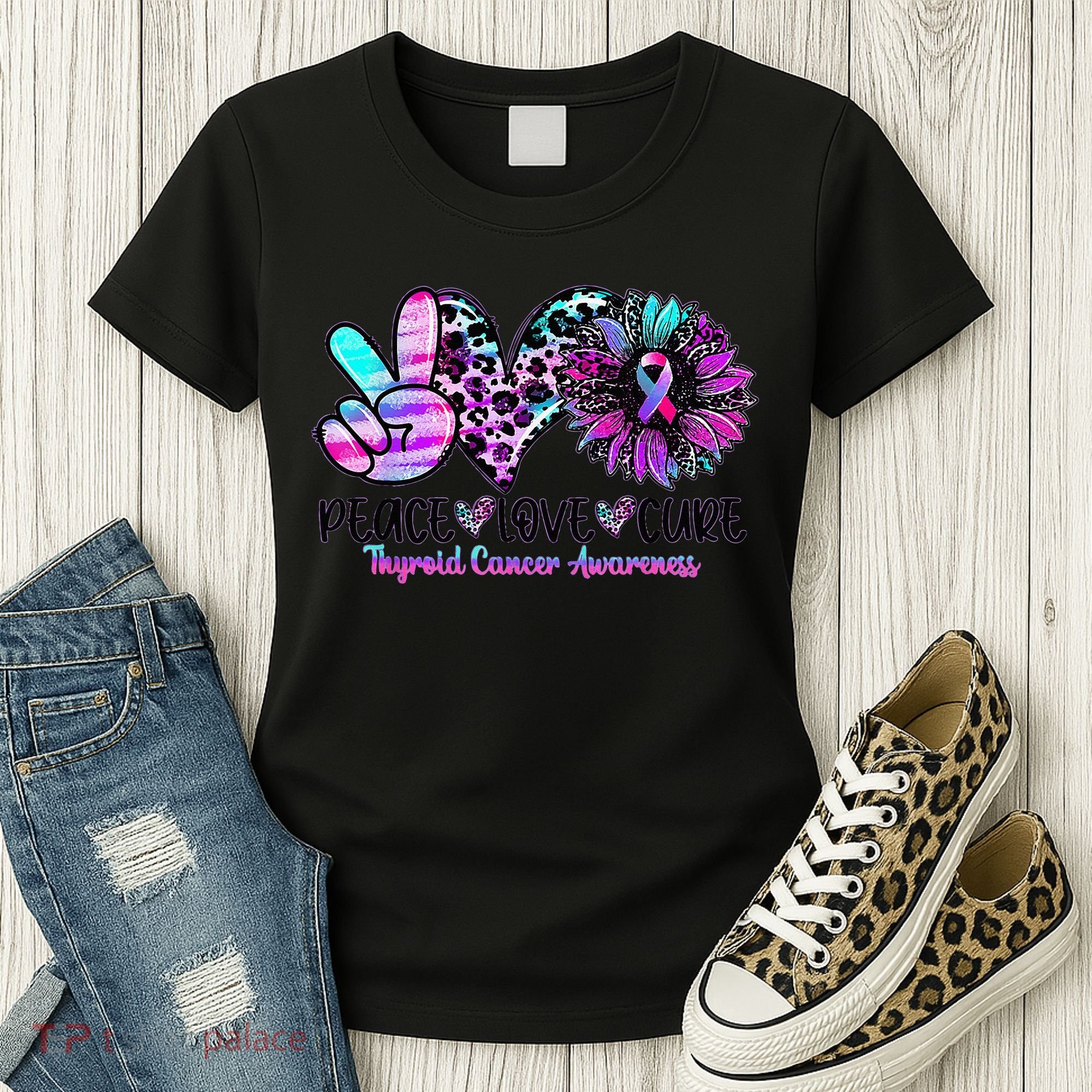Cute Sunflower Purple Pink Ribbon Thyroid Cancer Awareness Women's T-Shirt