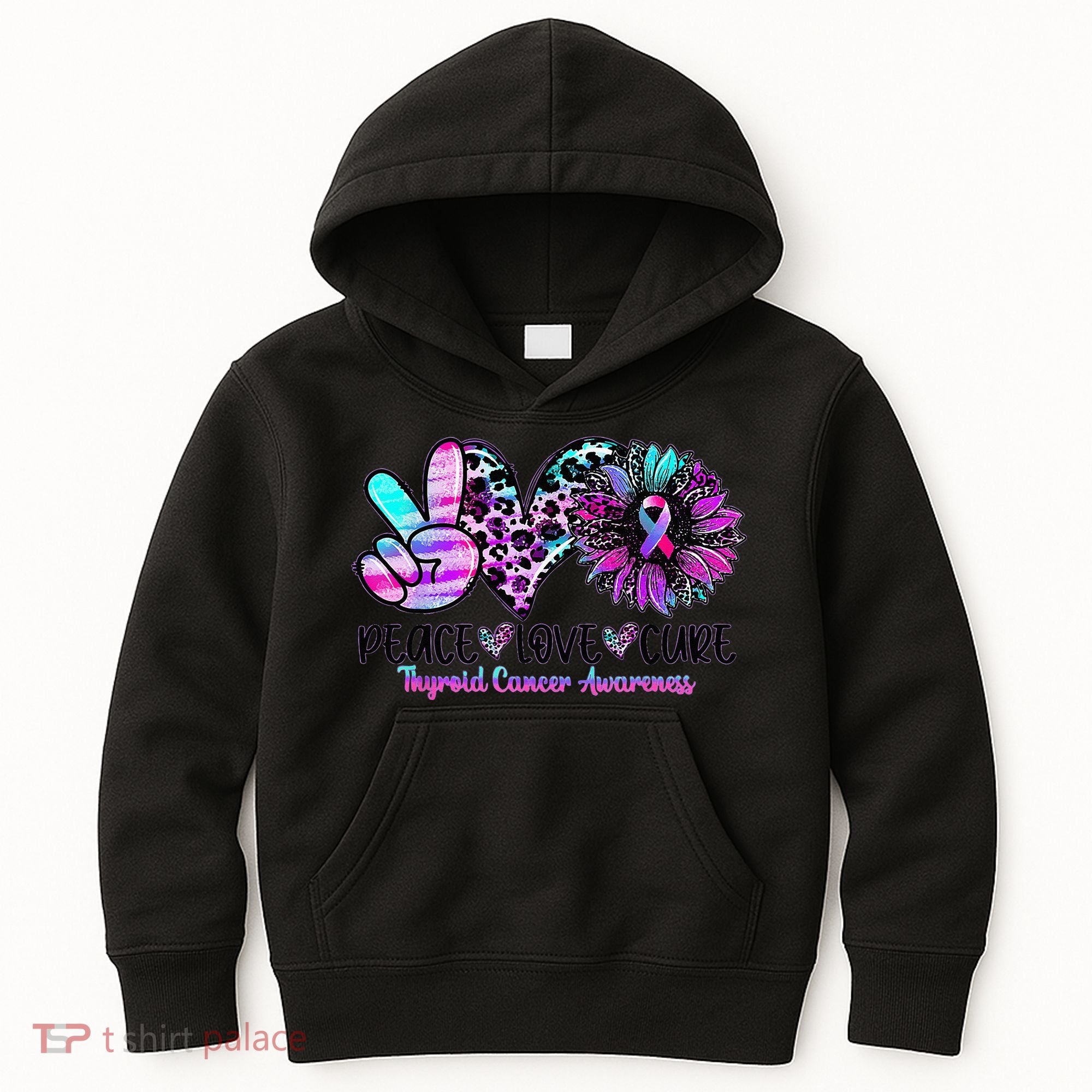 Cute Sunflower Purple Pink Ribbon Thyroid Cancer Awareness Kids Hoodie