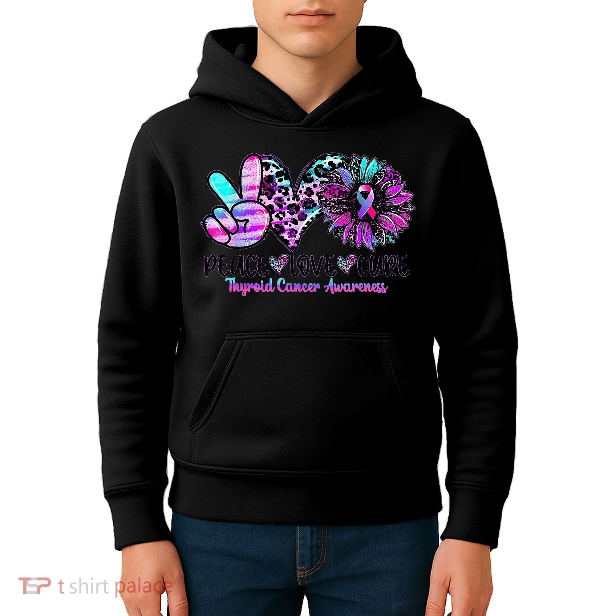 Cute Sunflower Purple Pink Ribbon Thyroid Cancer Awareness Kids Hoodie