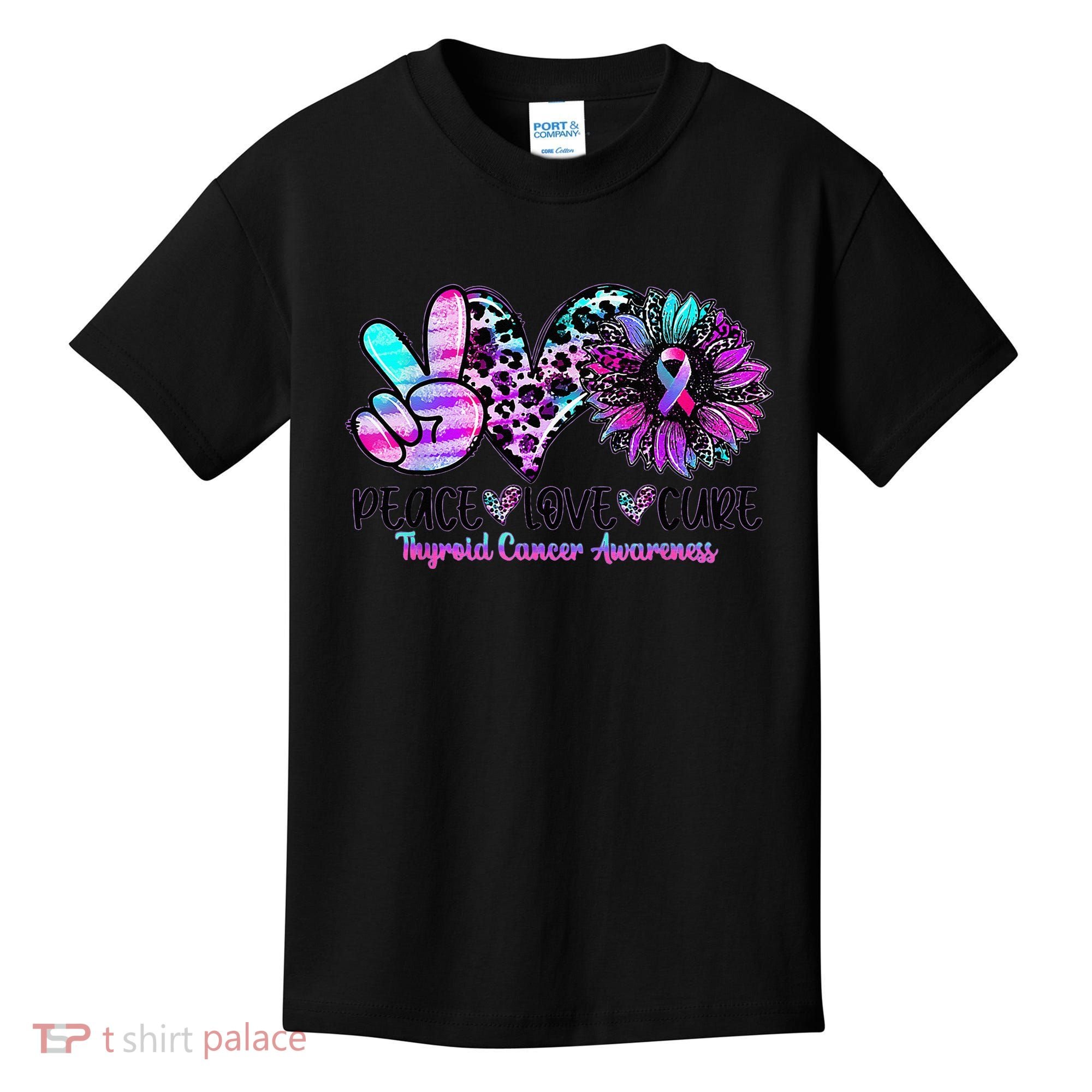 Cute Sunflower Purple Pink Ribbon Thyroid Cancer Awareness Kids T-Shirt