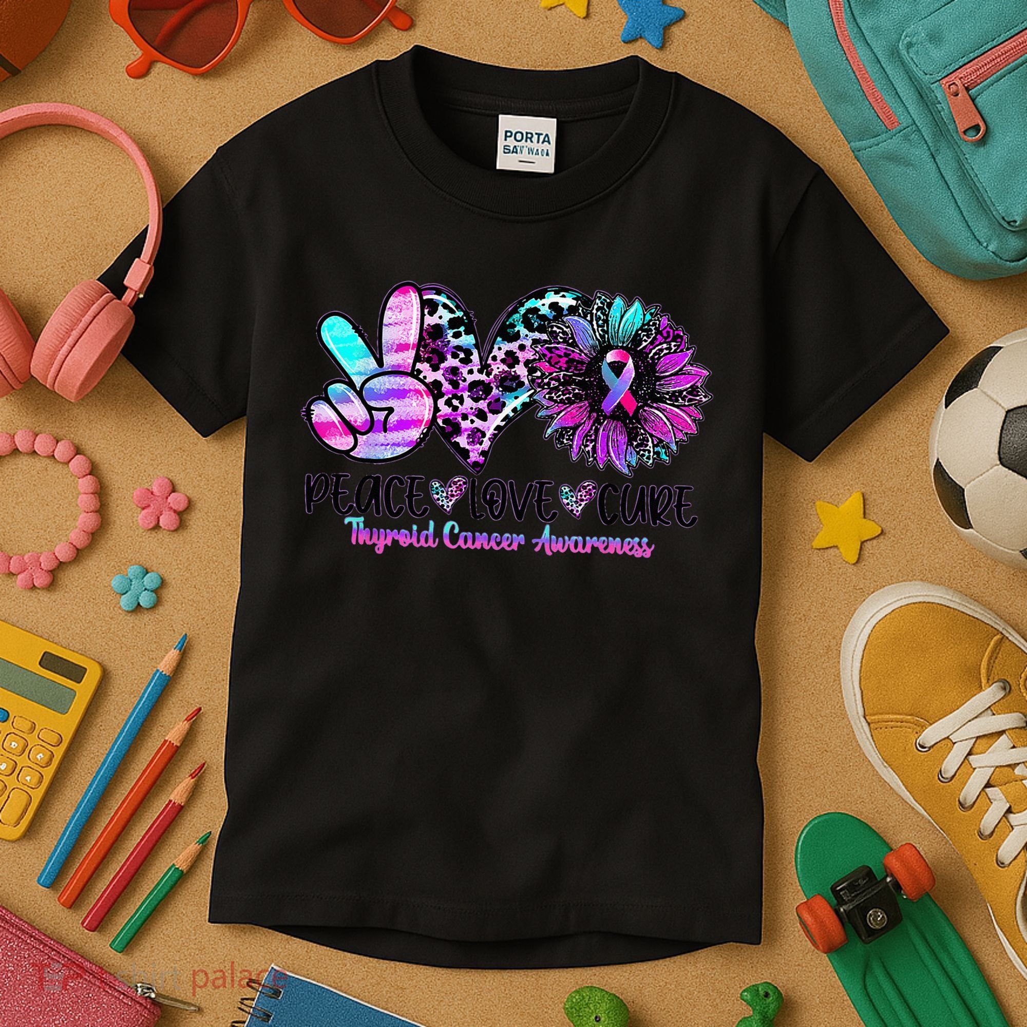 Cute Sunflower Purple Pink Ribbon Thyroid Cancer Awareness Kids T-Shirt